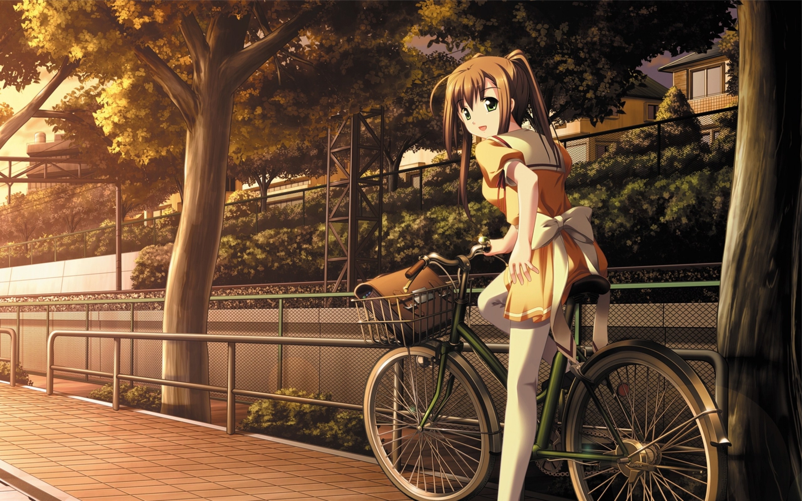 Beautiful Anime Wallpaper Girl School Uniform Bicycle Roads
