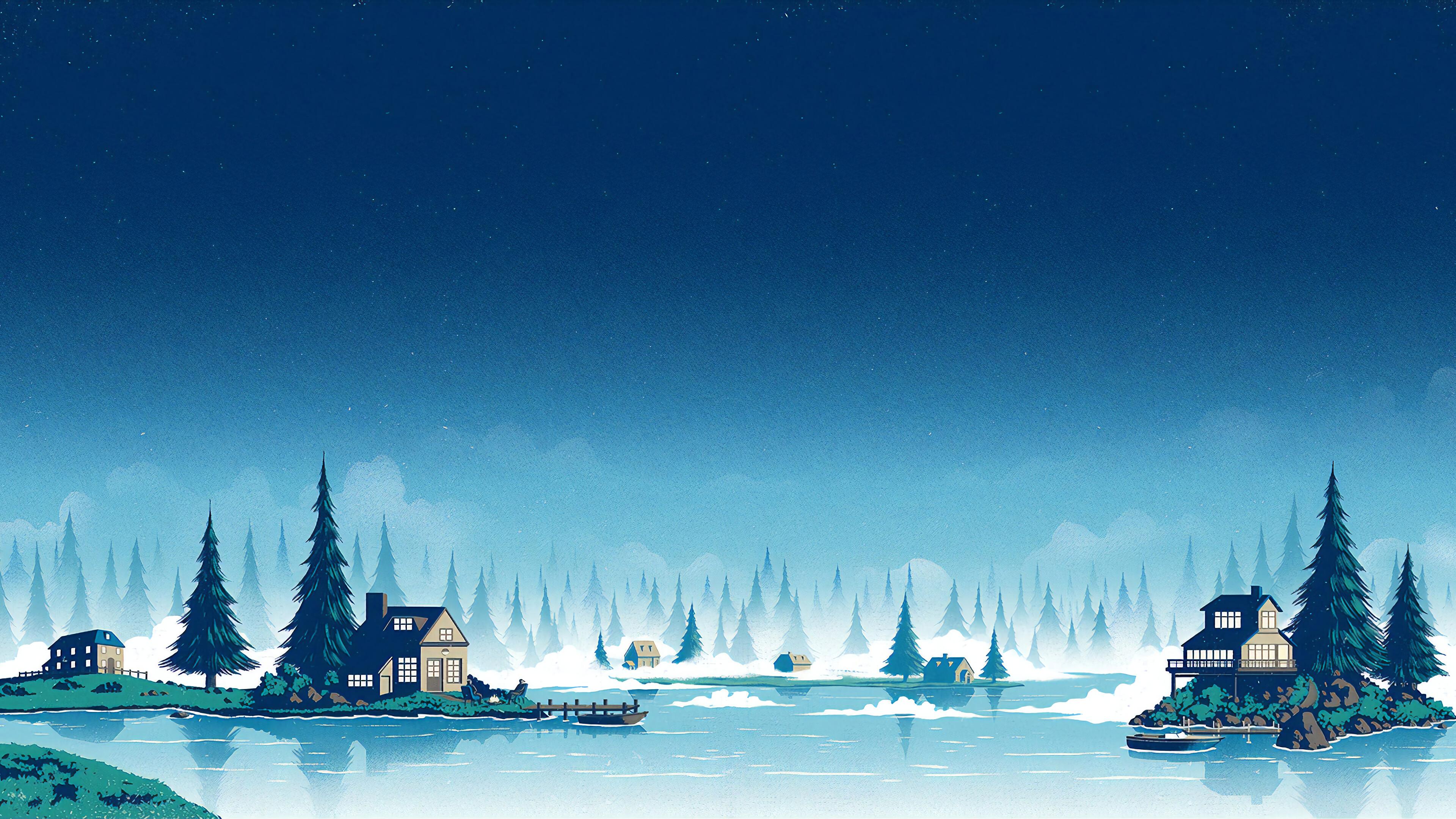 Winter Scenery Minimalist Night Landscape Digital Art 4K Wallpaper