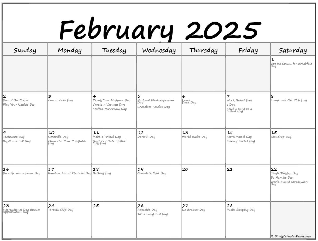 February 2025 calendar with daily holidays and observances