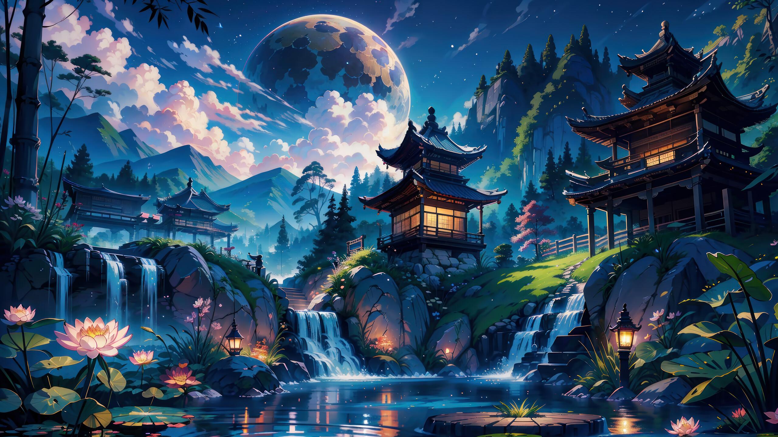 Chinese House Night Moon Scenery 4k Wallpaper iPhone HD Phone 8381m