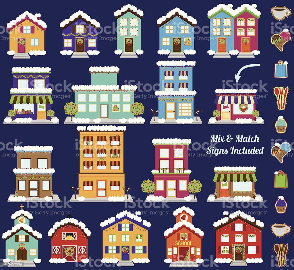 Collection Of Vector Christmas Or Winter Buildings With Signs