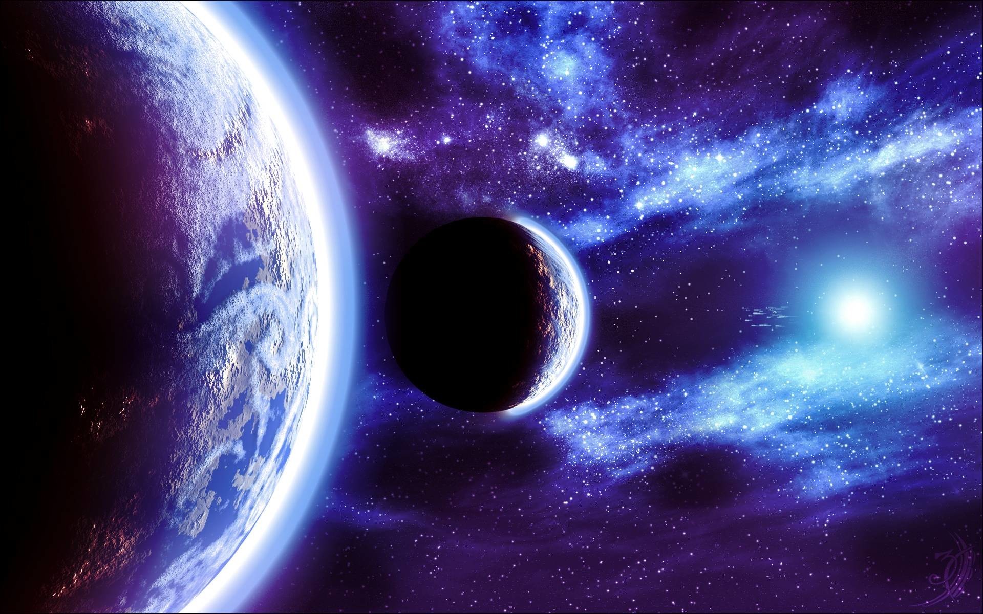 Vivid neon blue and purple nebula clouds swirl behind two planets in space, one partially illuminated by a bright star, creating a stunning cosmic wallpaper