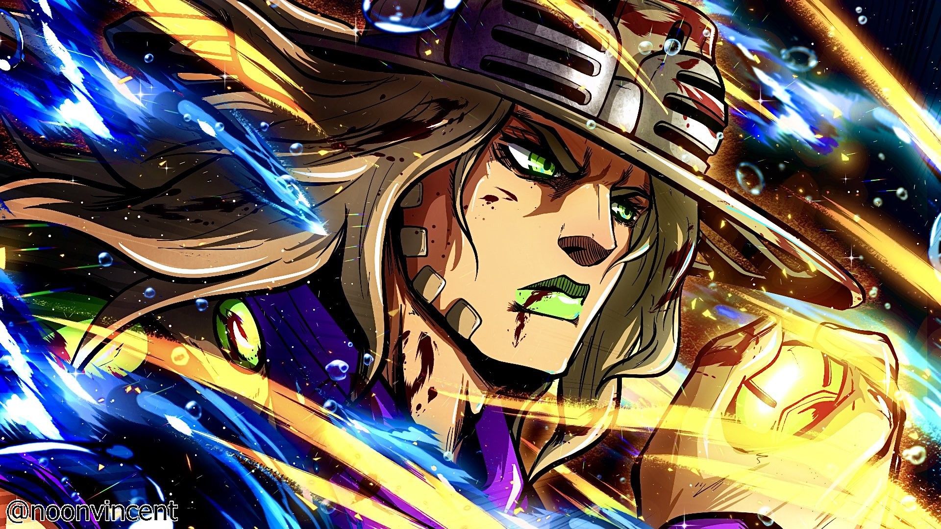 Dynamic illustration of Gyro Zeppeli from JoJo's Bizarre Adventure, wielding a Steel Ball and surrounded by swirling energy