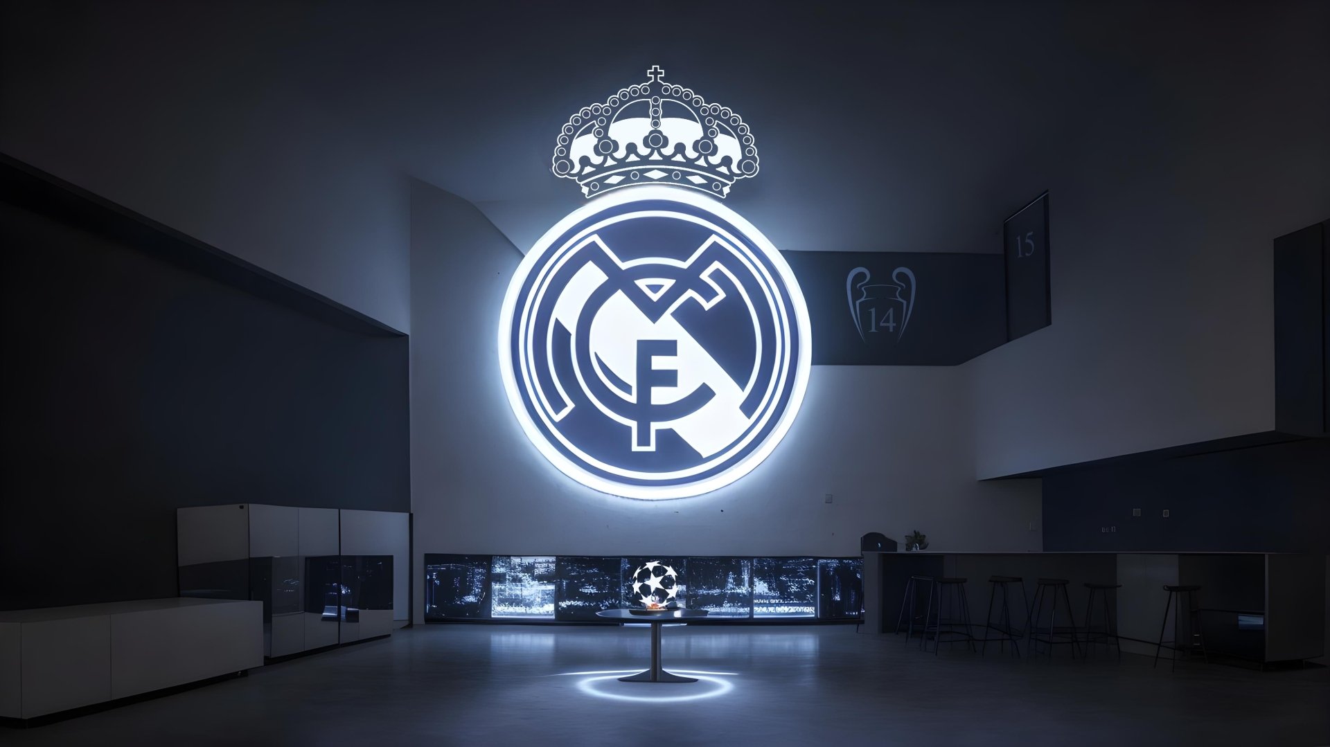 Illuminated Real Madrid Logo and Trophy Display