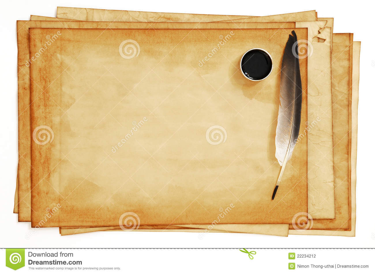 Old Paper With Feather And Ink Isolated On White Background