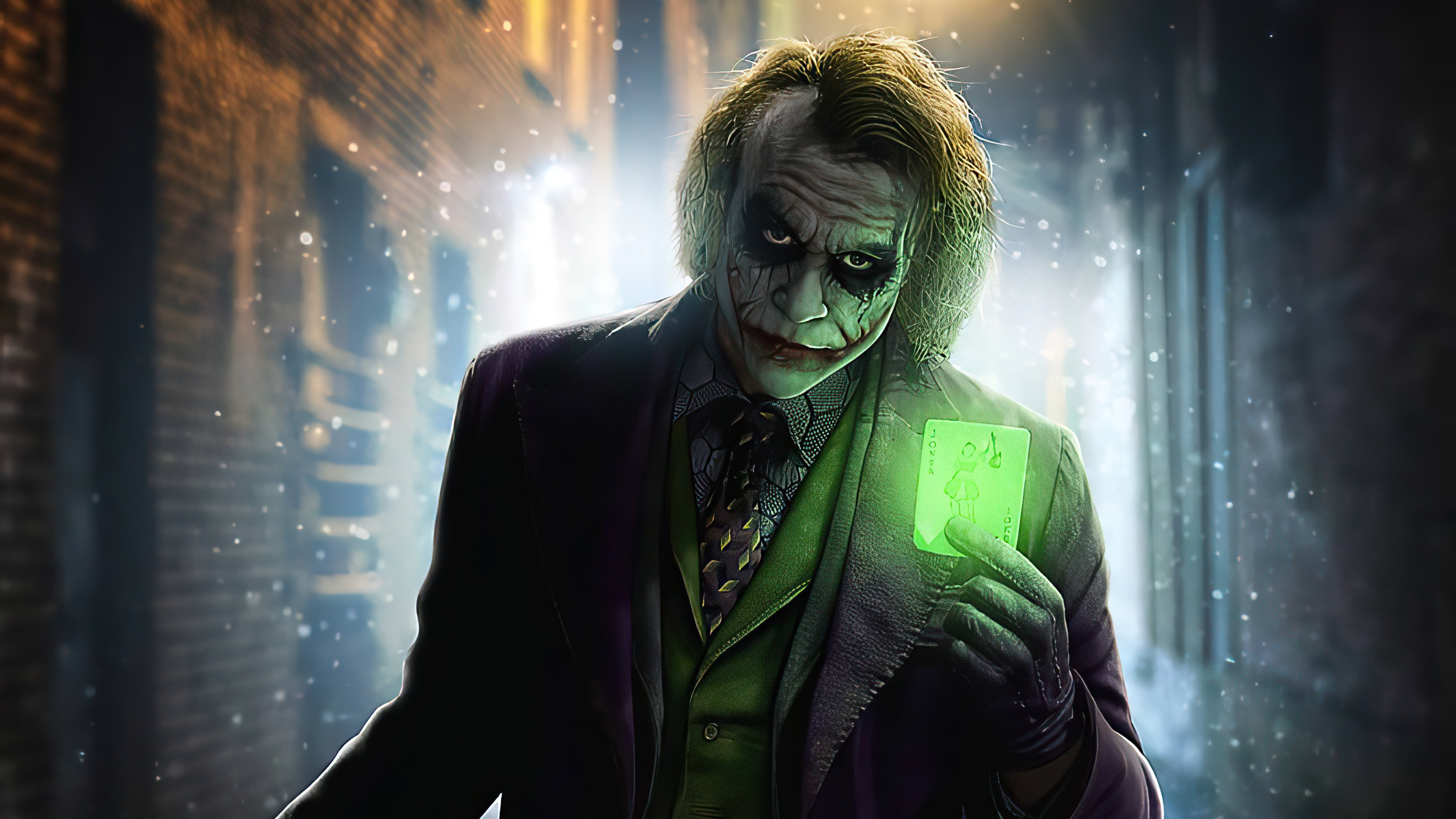 The Joker, with his sinister grin and a glowing Joker card, stands in a dimly lit alleyway. His purple suit and green vest are highlighted by the eerie glow, adding to his menacing presence