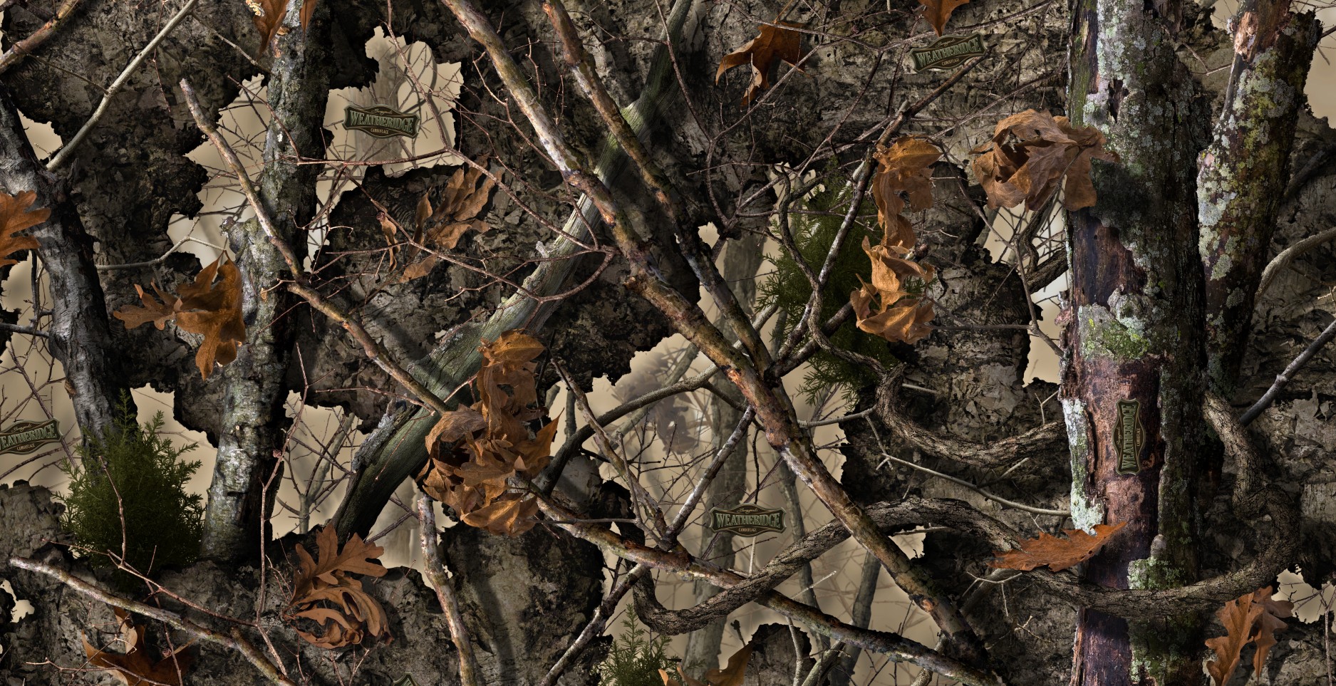 Close-up view of a camouflage pattern designed to mimic the texture and colors of tree bark and branches, ideal for hunting or outdoor apparel