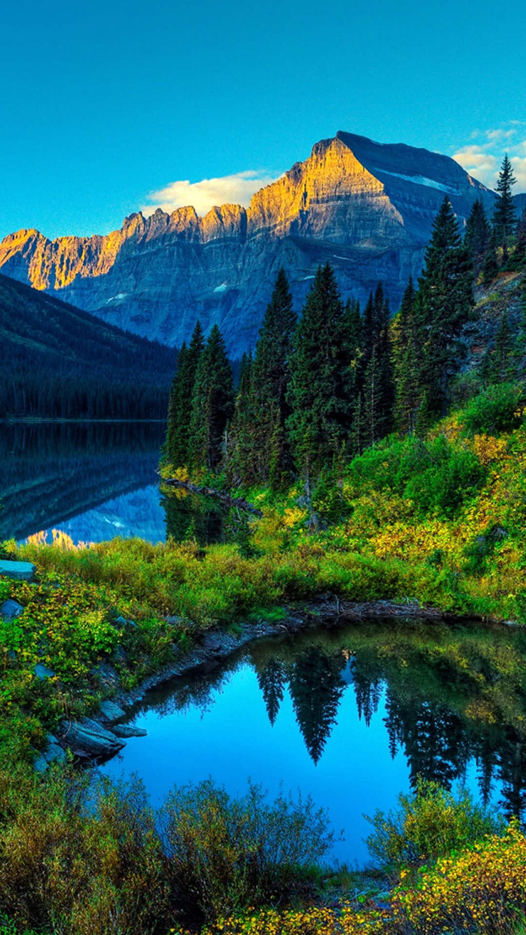 A stunning HD phone wallpaper showcasing a tranquil lake reflecting a majestic mountain range and a lush forest at sunset
