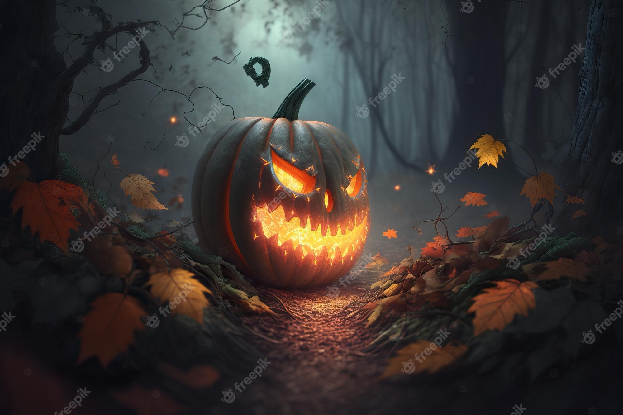 Premium Photo A Halloween Pumpkin In Dark Forest With The Word
