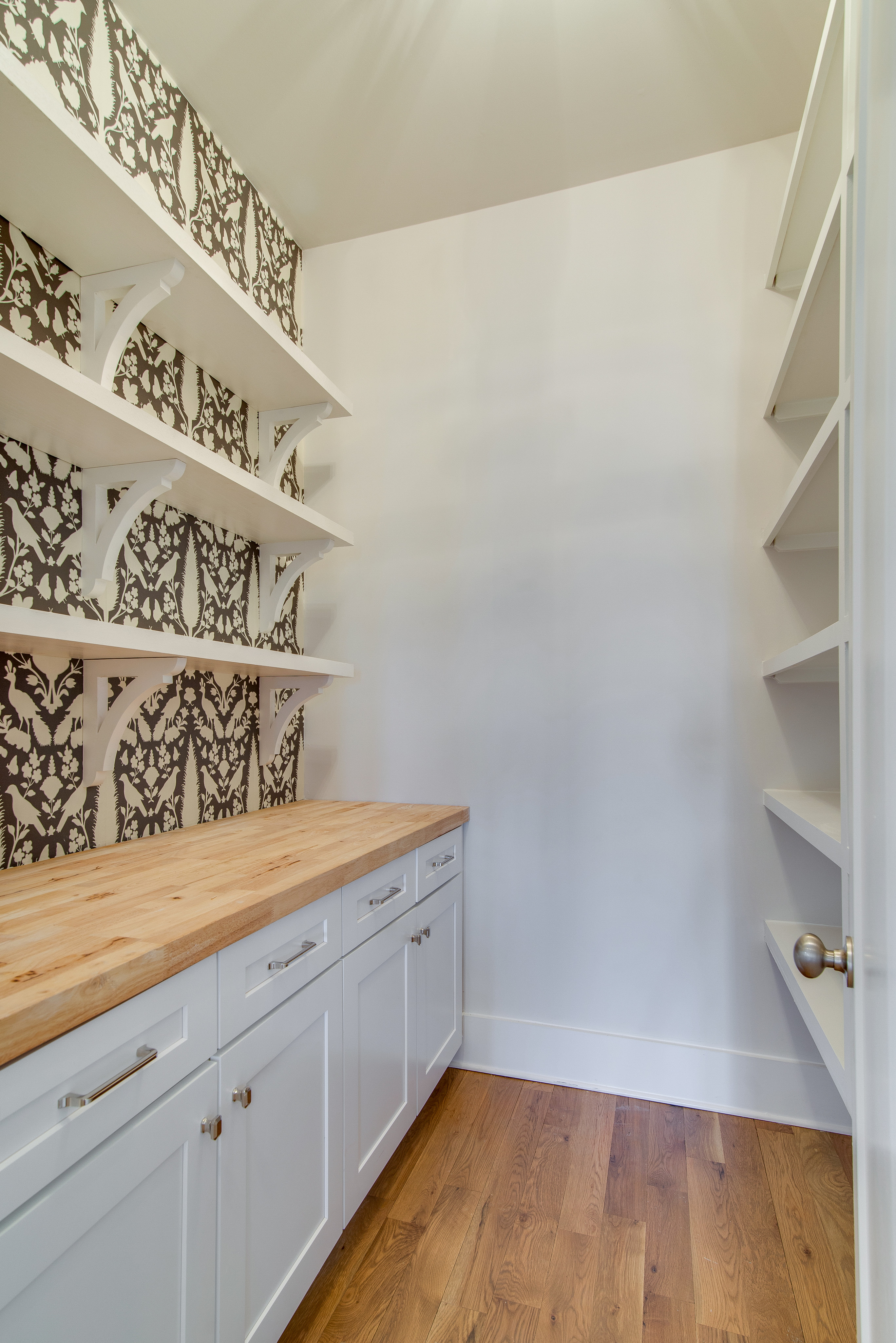 Inspiring Building Ideas Organized Pantry With Floral Wallpaper