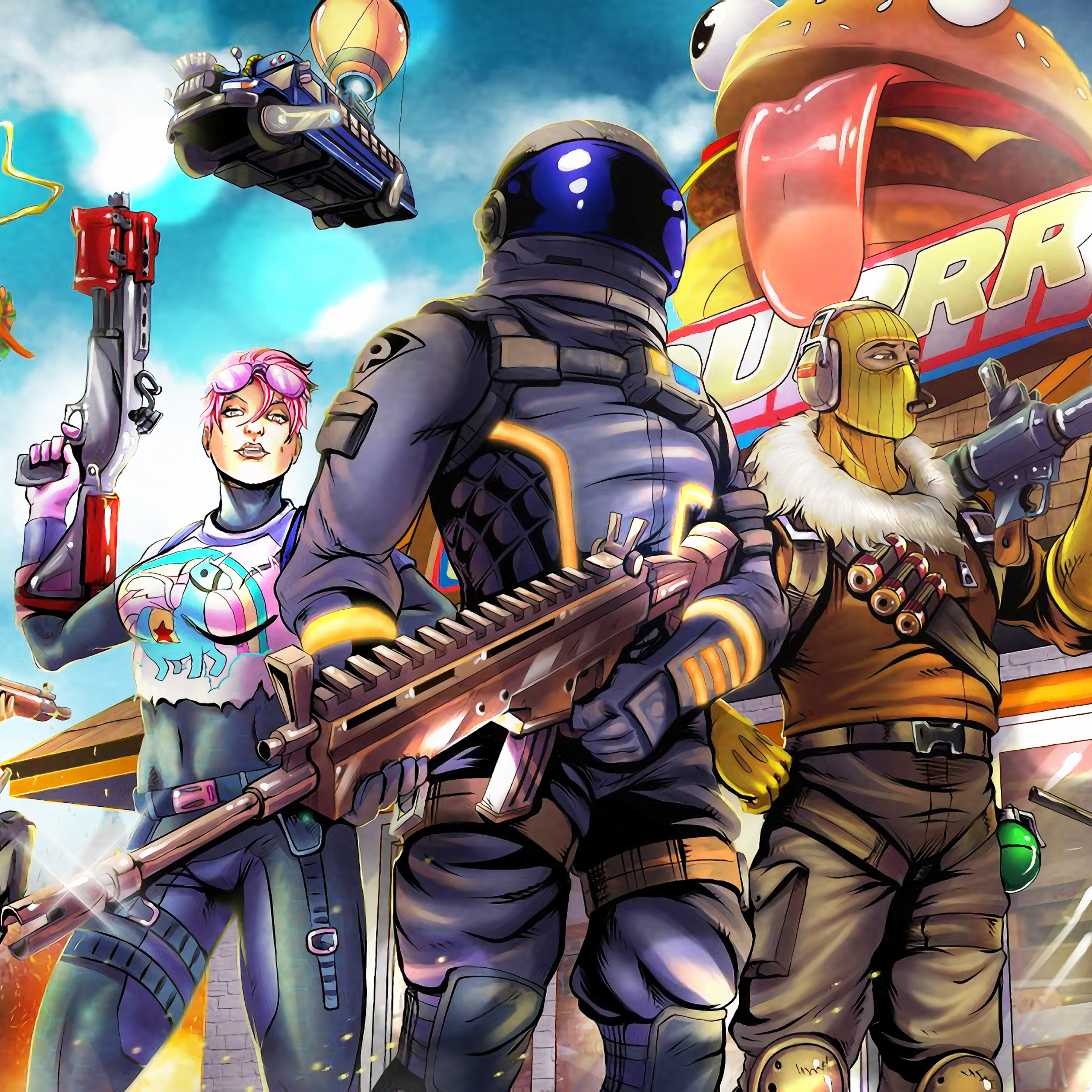 Fortnite characters posing in front of Durr Burger restaurant with a battle bus in the background