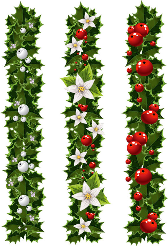 Green Christmas Garlands Of Holly And Mistletoe Vector