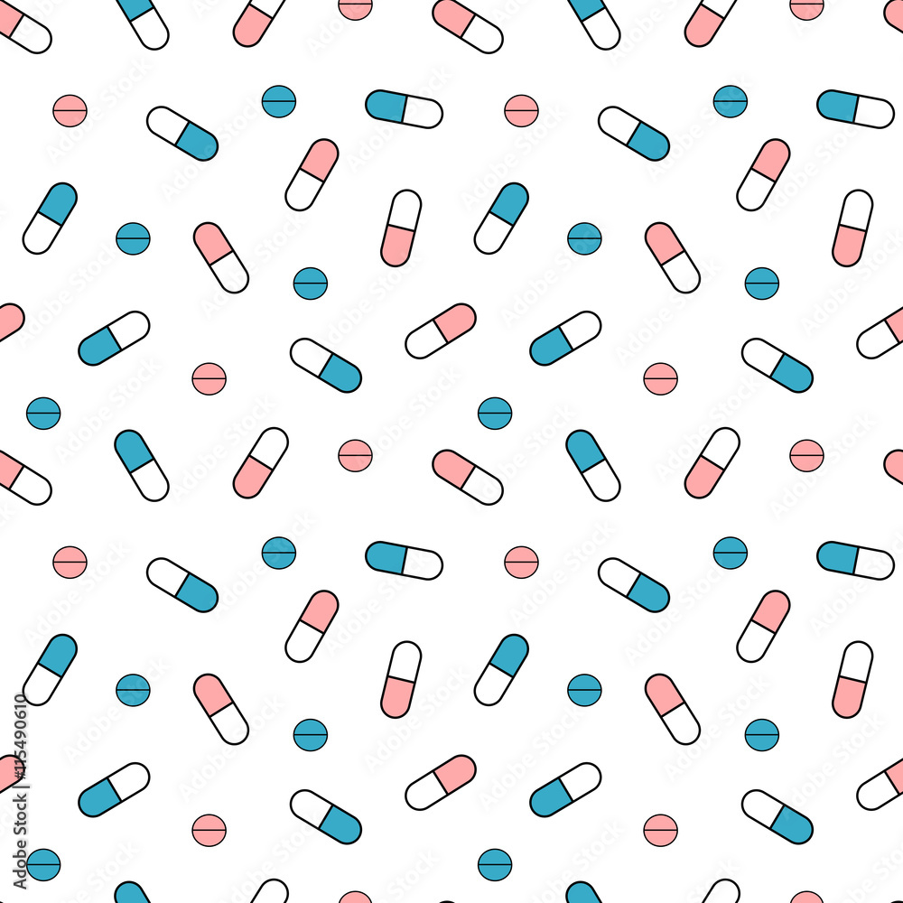cute pink white and blue pills seamless vector pattern background