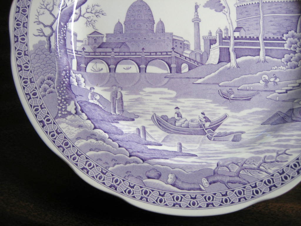 Lavender Purple Toile Transferware Exotic Palm River Temple Plate Edge