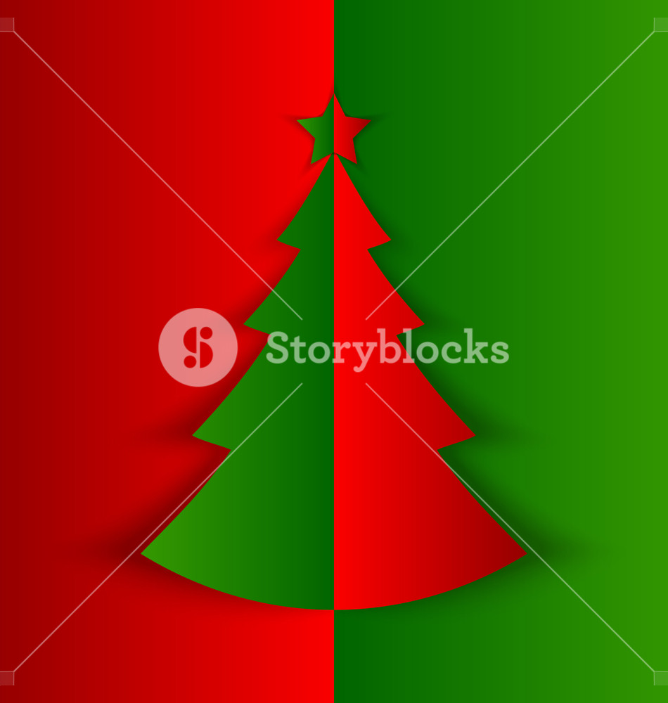 Simple Christmas Tree Made Of Folded Paper With Shadow On Red