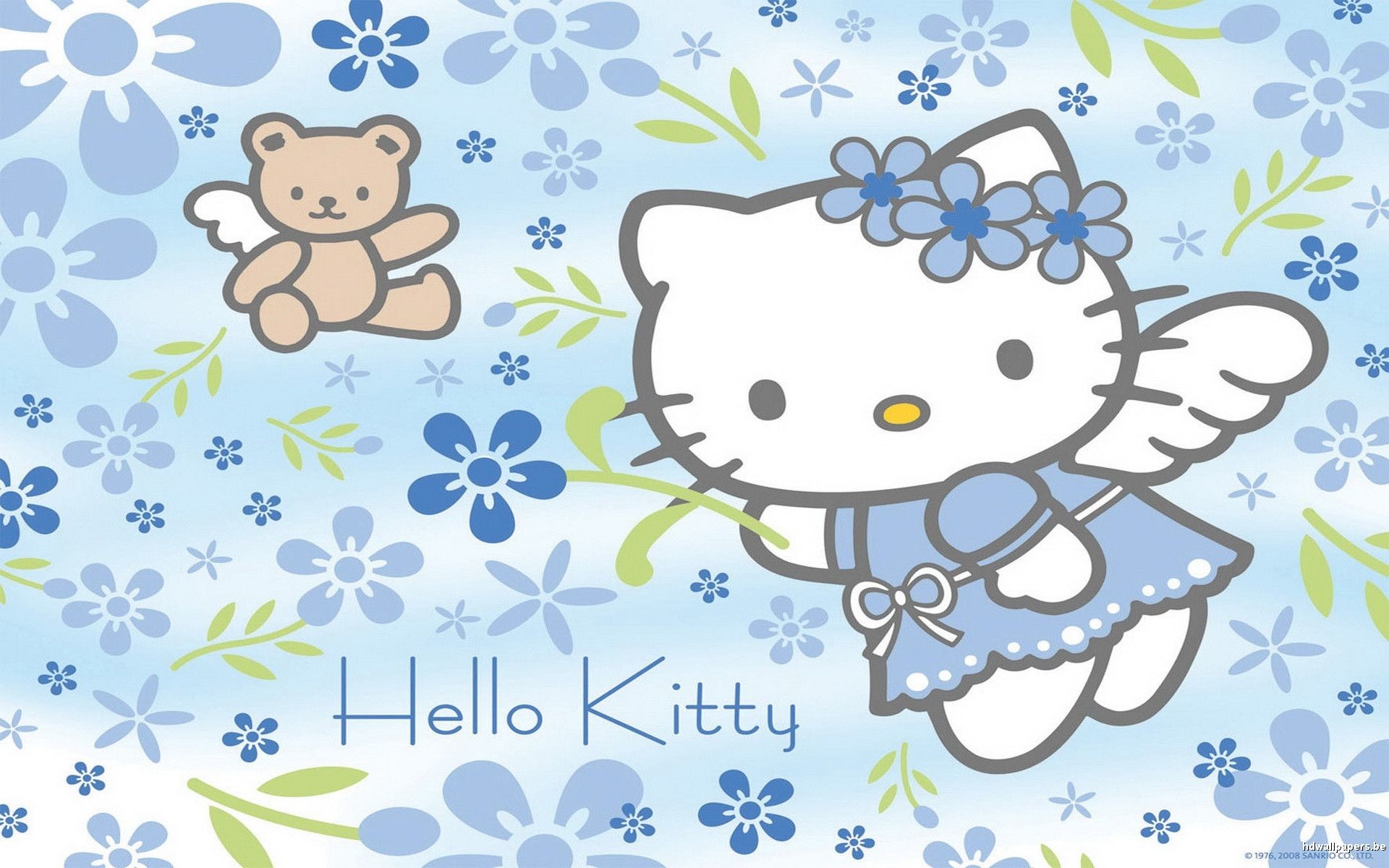 Hello Kitty Angel with Teddy Bear on Floral Background