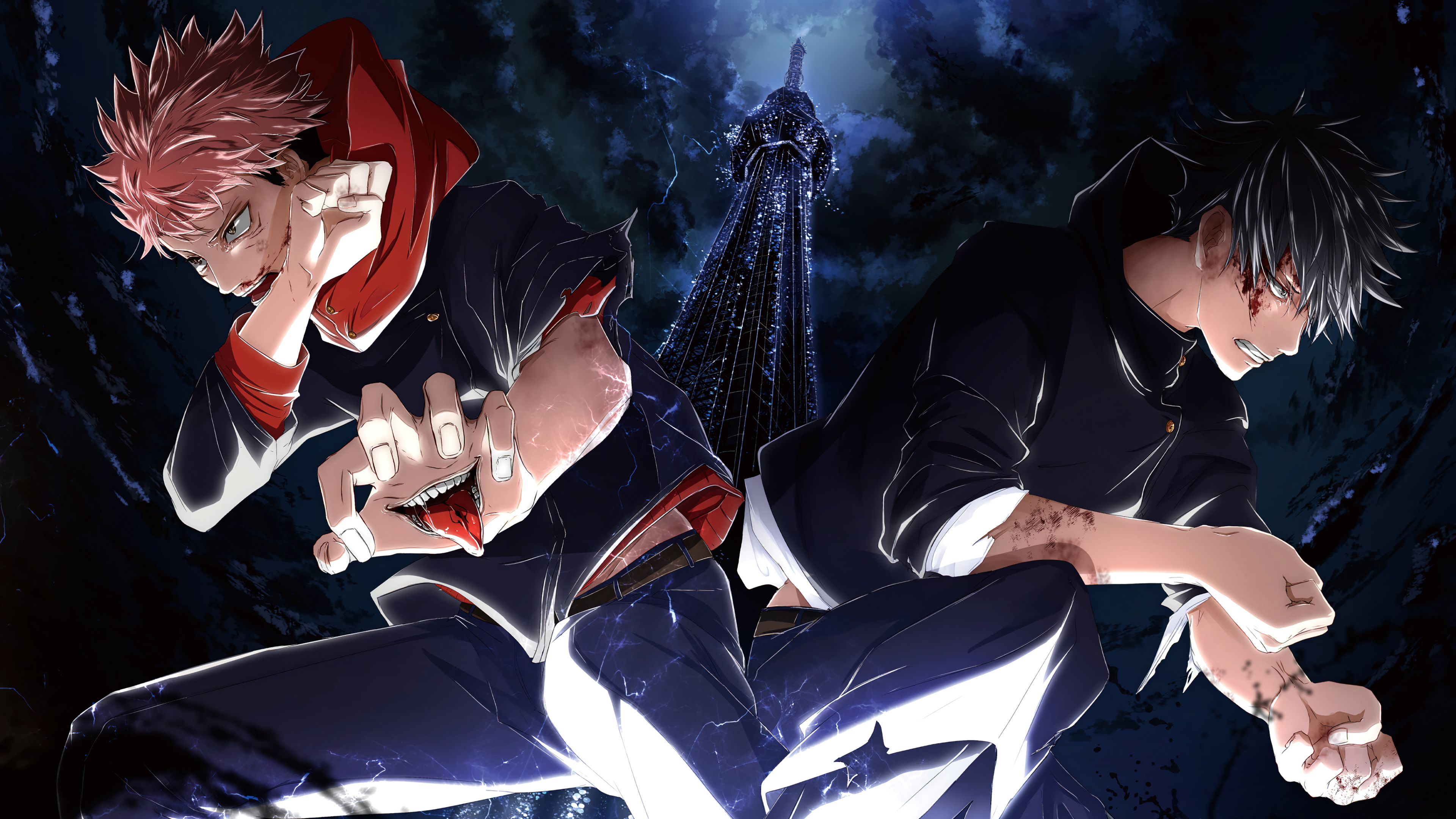 Yuji Itadori and Megumi Fushiguro from Jujutsu Kaisen in dynamic action pose, HD wallpaper