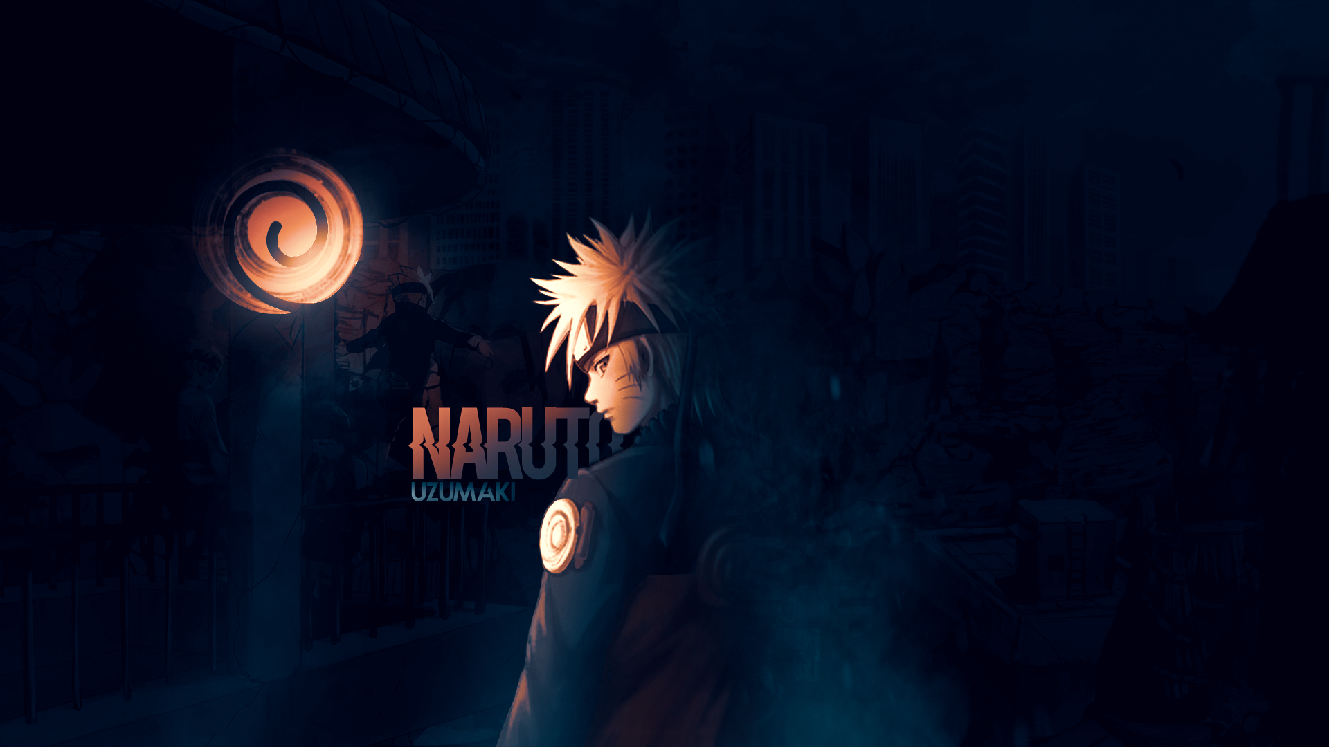 A dramatic wallpaper featuring Naruto Uzumaki from the popular anime series, standing against a dark, atmospheric backdrop. His silhouette is partially illuminated, and the Uzumaki clan symbol is subtly incorporated into the design