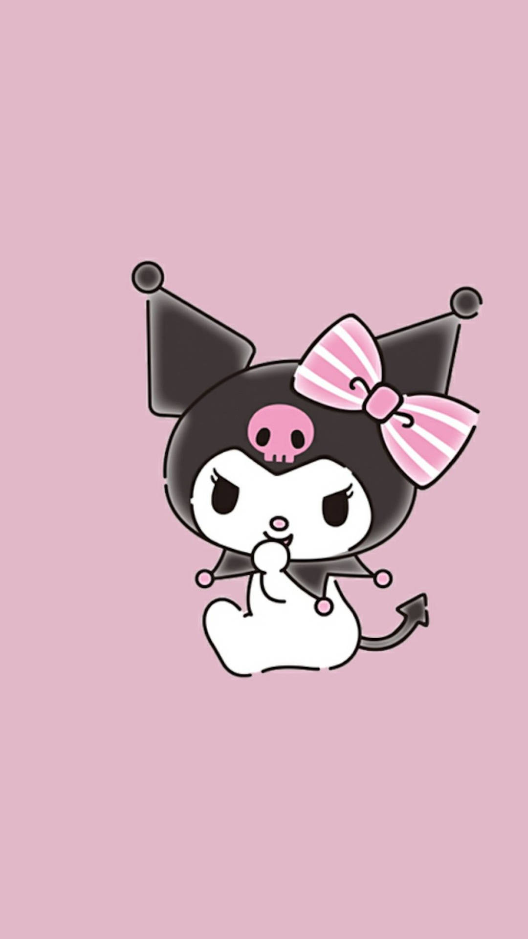 A cute, pink and black Kuromi character from Sanrio's Hello Kitty universe against a pink background, in a classic mischievous pose