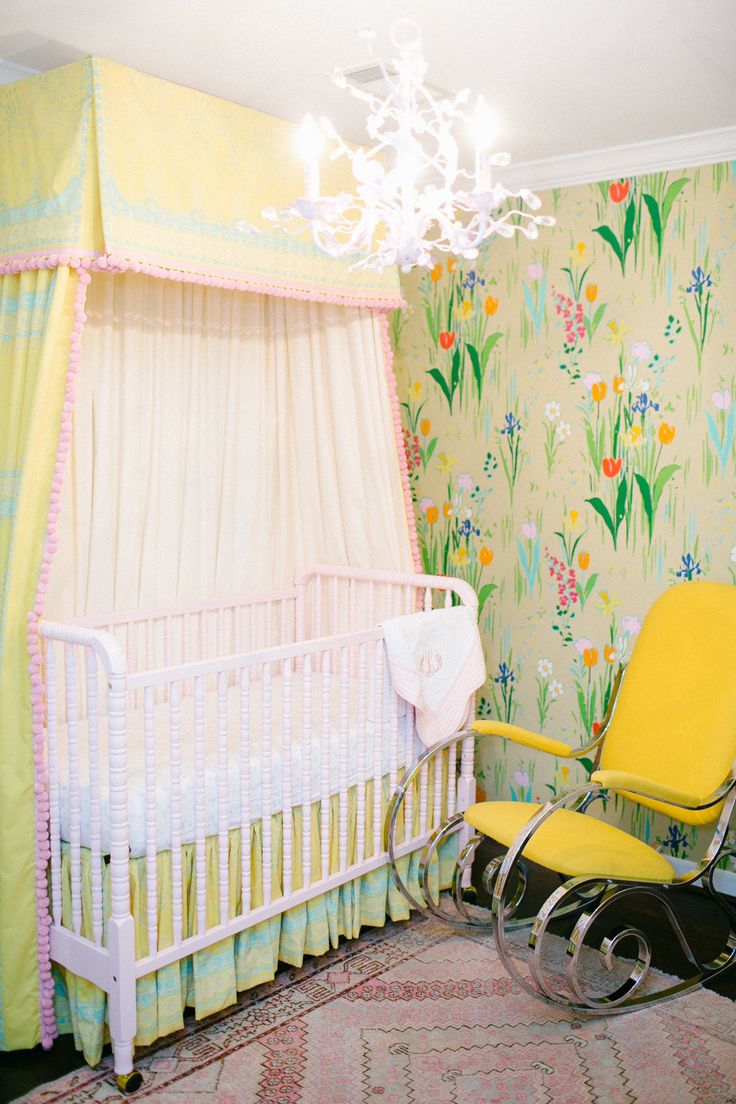 Nursery Guermantes Wallpaper Yellow Pink Pompom Trim Jenny Lind