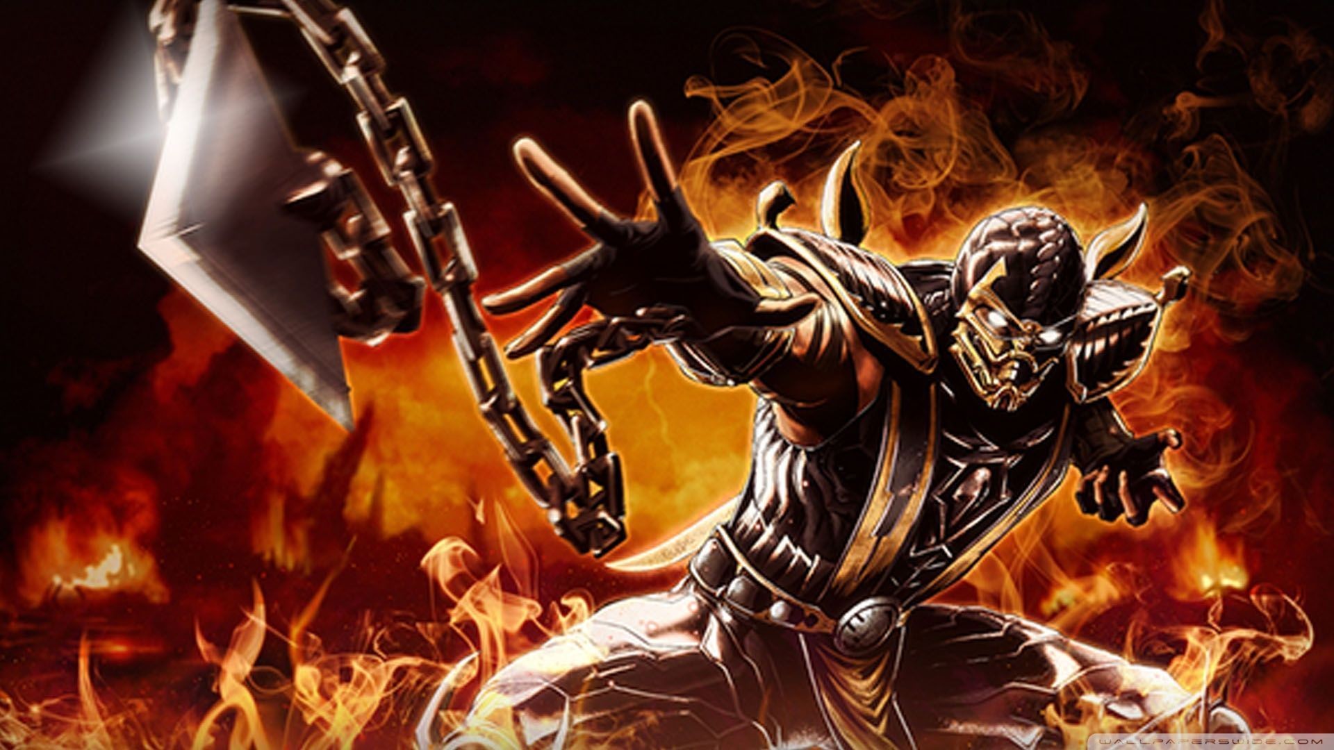 Scorpion from Mortal Kombat throwing his kunai spear on a chain in a fiery background