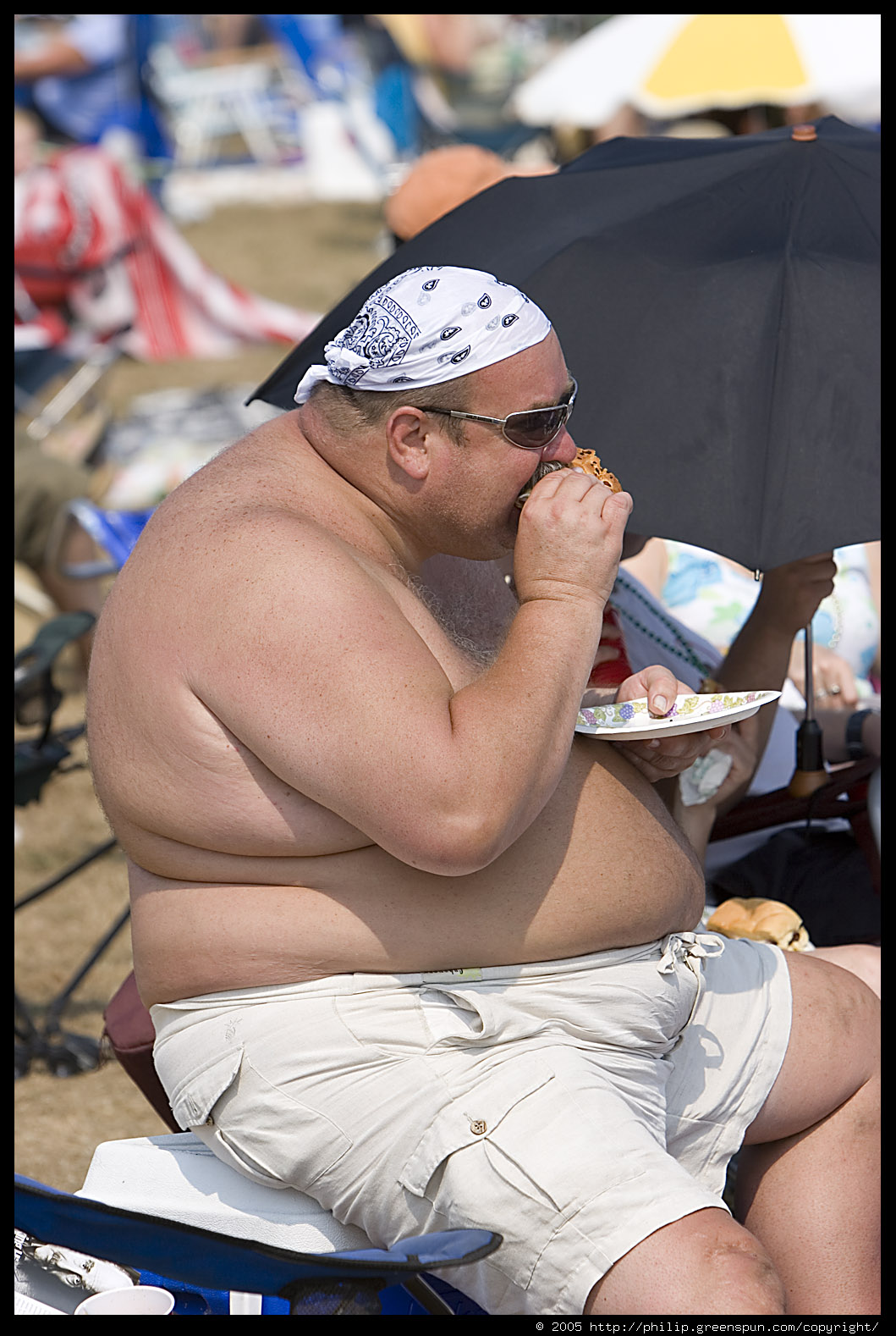 Fat Shirtless Guy Eating Cheeseburger Man