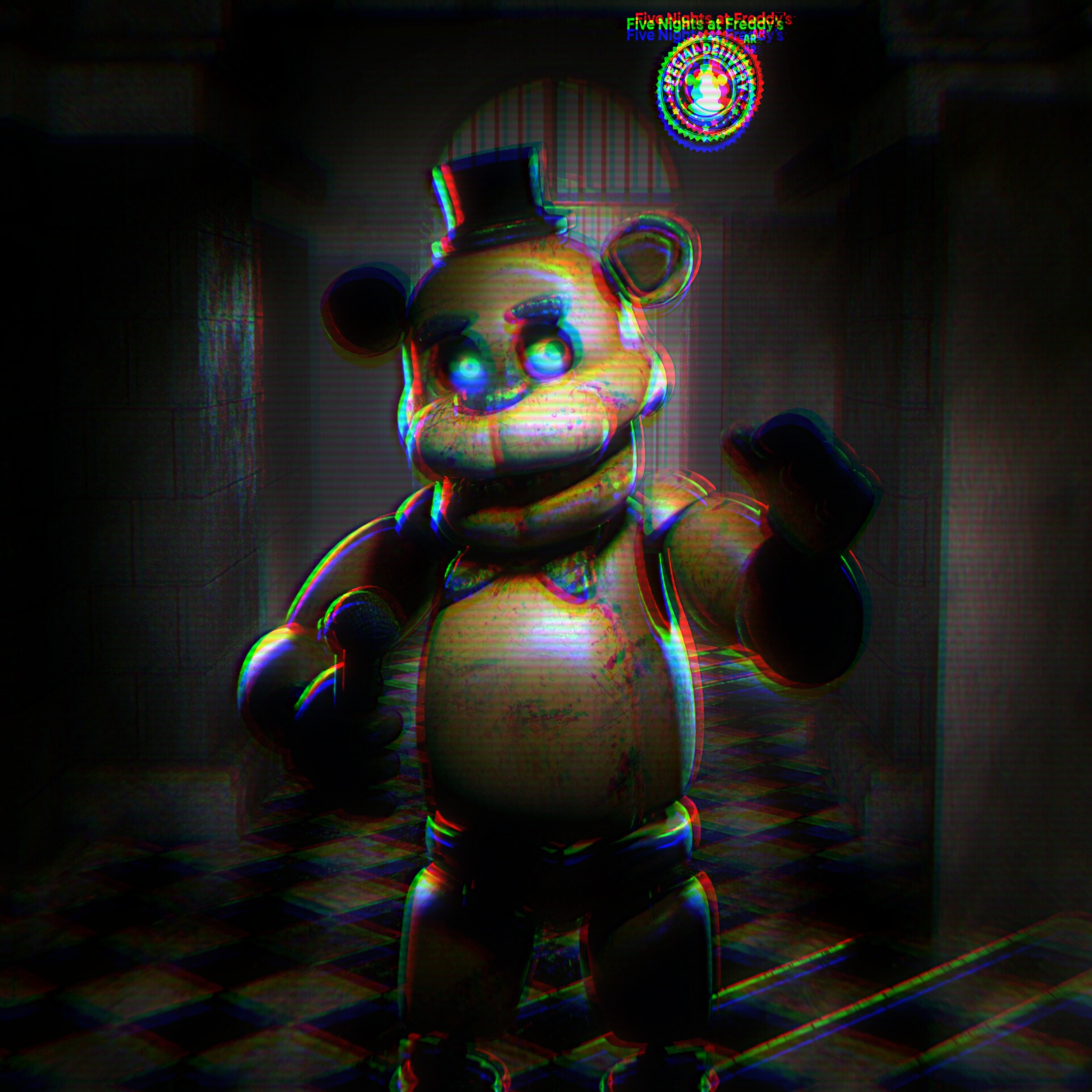 A glitched, distorted image of Freddy Fazbear from Five Nights at Freddy's, standing in a dimly lit hallway with a checkered floor
