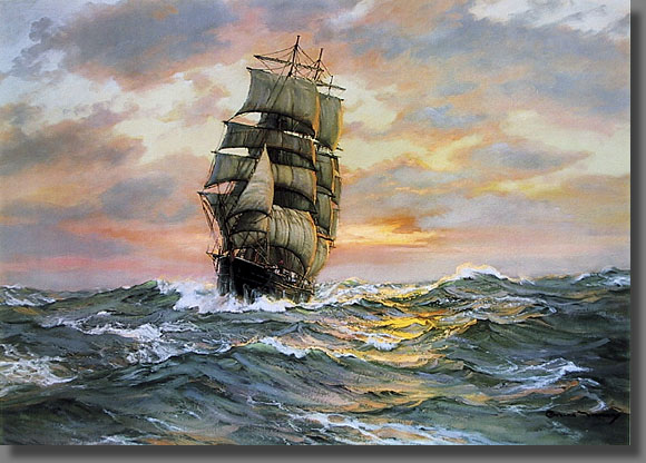 The clipper ship Blue Jacket sailing the open sea with a tropical