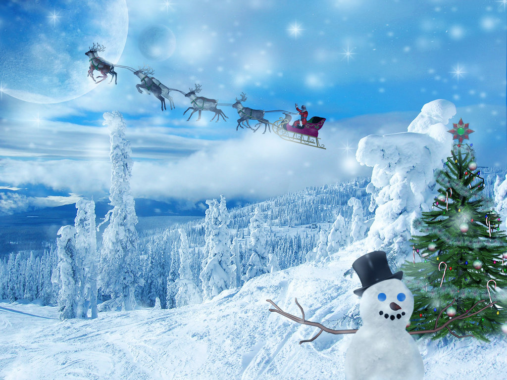 A whimsical Christmas scene with Santa's sleigh flying over a snowy landscape, complete with a snowman and a decorated Christmas tree