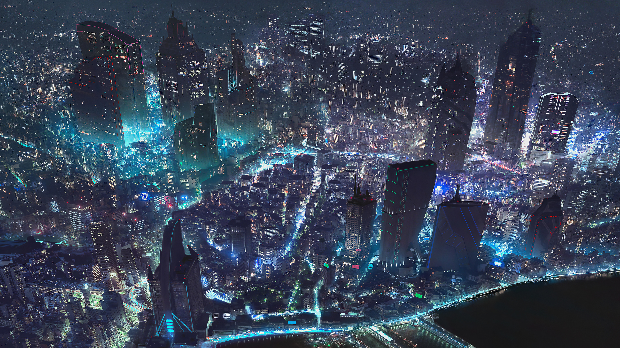 A high-angle, aerial view of a sprawling cyberpunk city at night, illuminated by neon lights and futuristic architecture