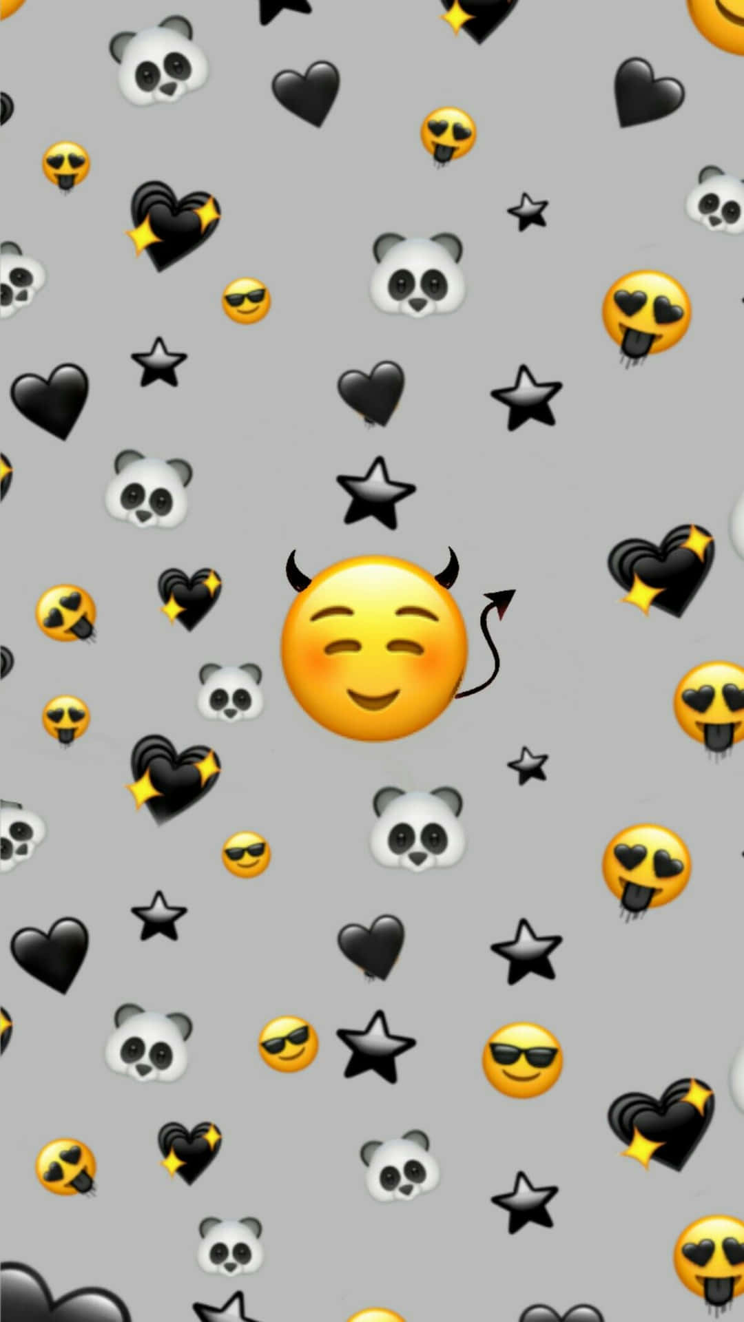 A repeating pattern of emojis on a gray background. The emojis include a smiling devil face, panda faces, black hearts, stars, heart eyes, and cool sunglasses