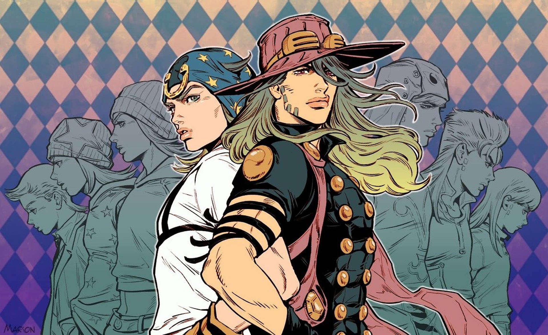 A striking illustration of Gyro Zeppeli and Johnny Joestar, two main characters from JoJo's Bizarre Adventure: Steel Ball Run. They stand back-to-back, Gyro in his iconic hat and Johnny in his headscarf, showcasing their partnership
