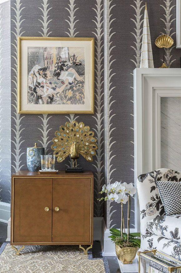 Schumacher Wallpaper in the Entryway and TV Room  Jeweled Interiors