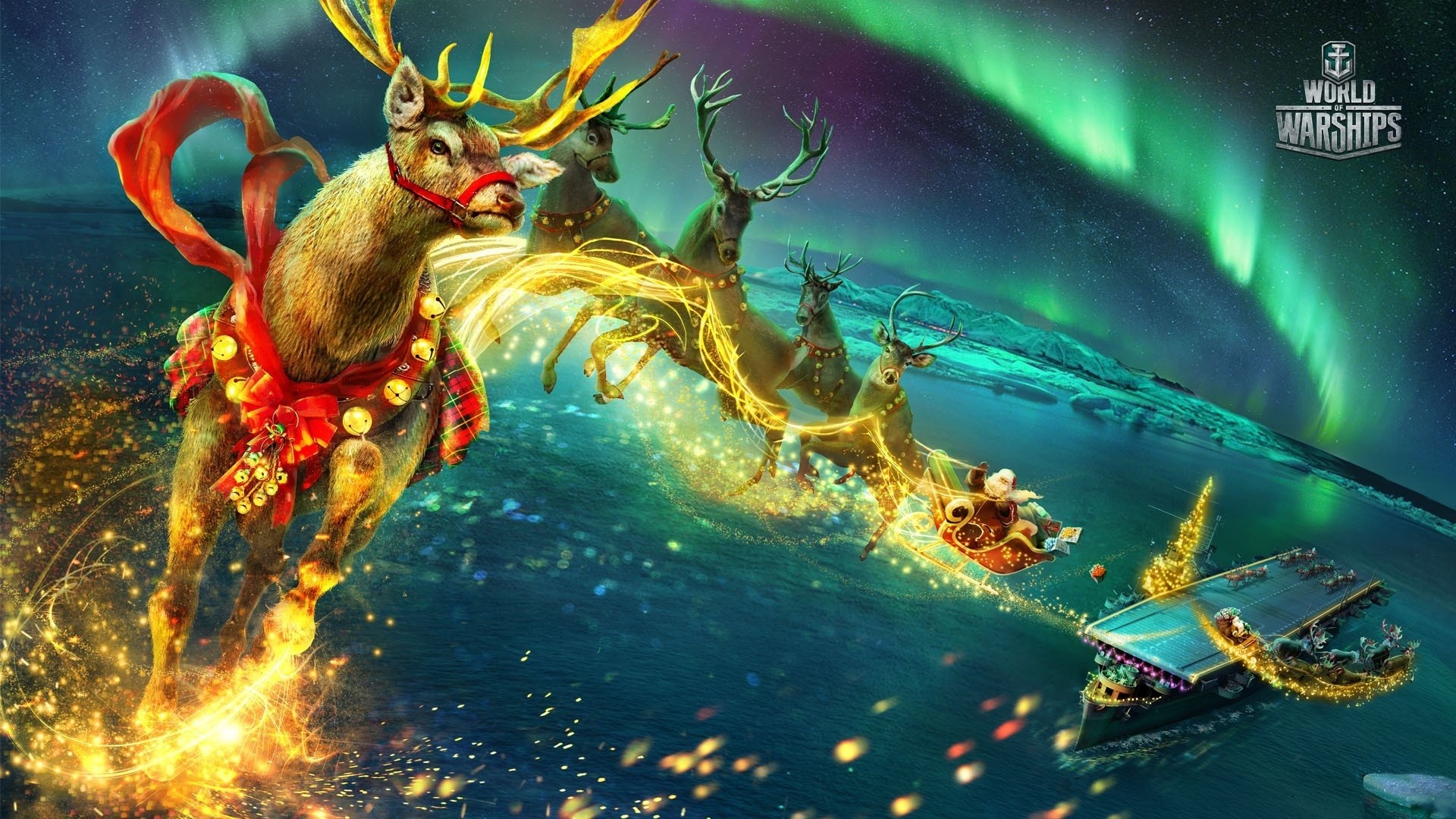 Santa Claus flying his sleigh pulled by reindeer over a warship decorated with Christmas lights, with the Northern Lights in the background