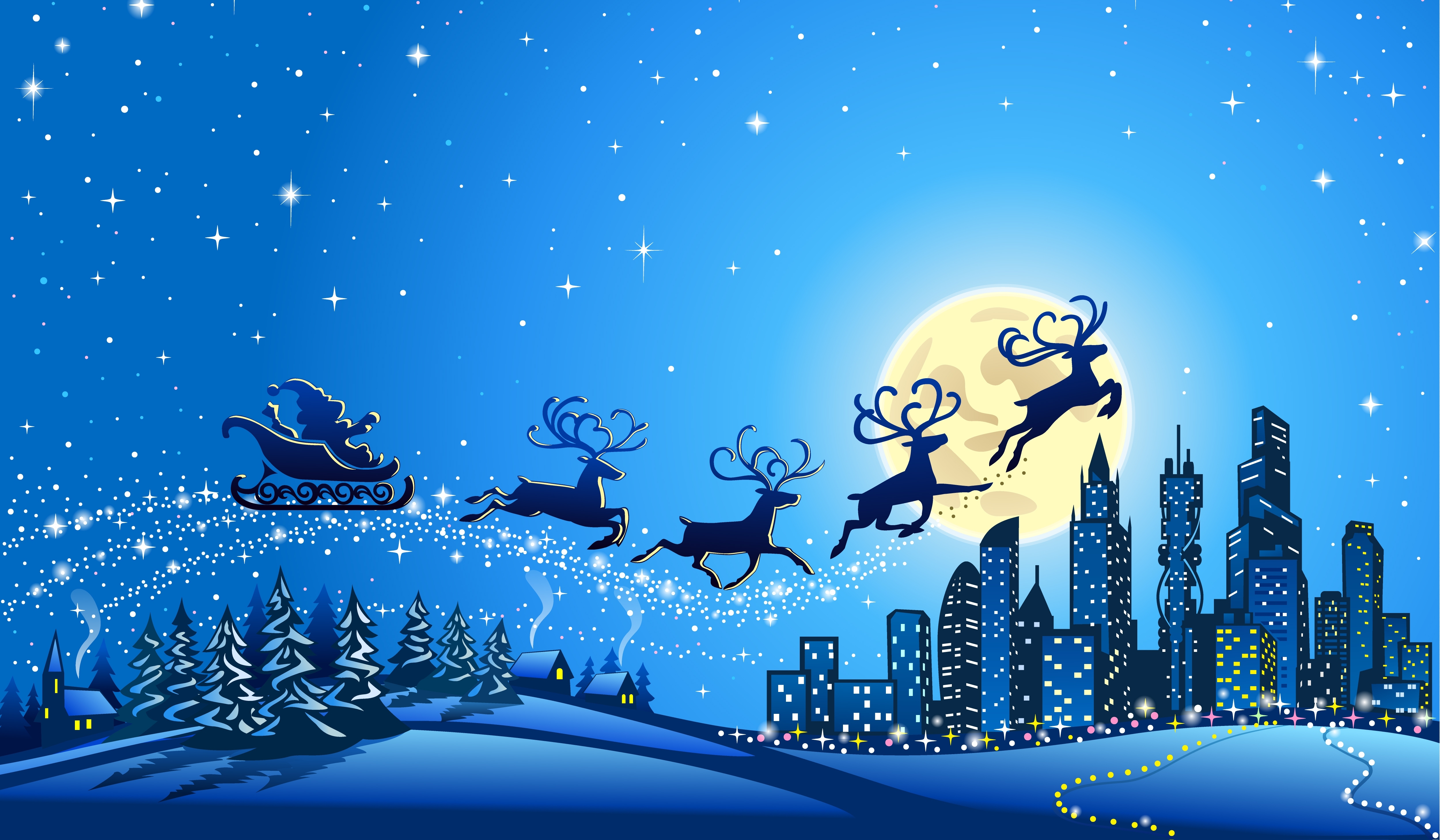 Santa Claus flying over a cityscape on Christmas Eve with his reindeer and sleigh against a backdrop of a full moon and starry night sky