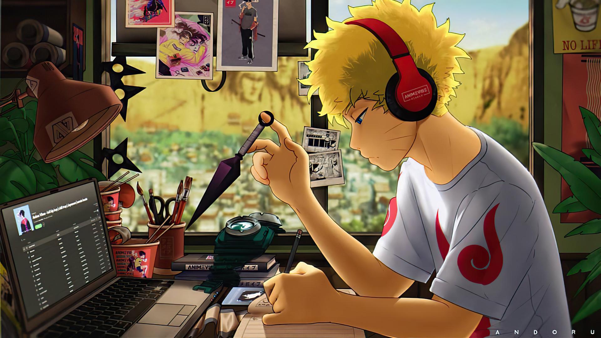 Anime Boy Headphone Studying Naruto Kunai 4k Wallpaper