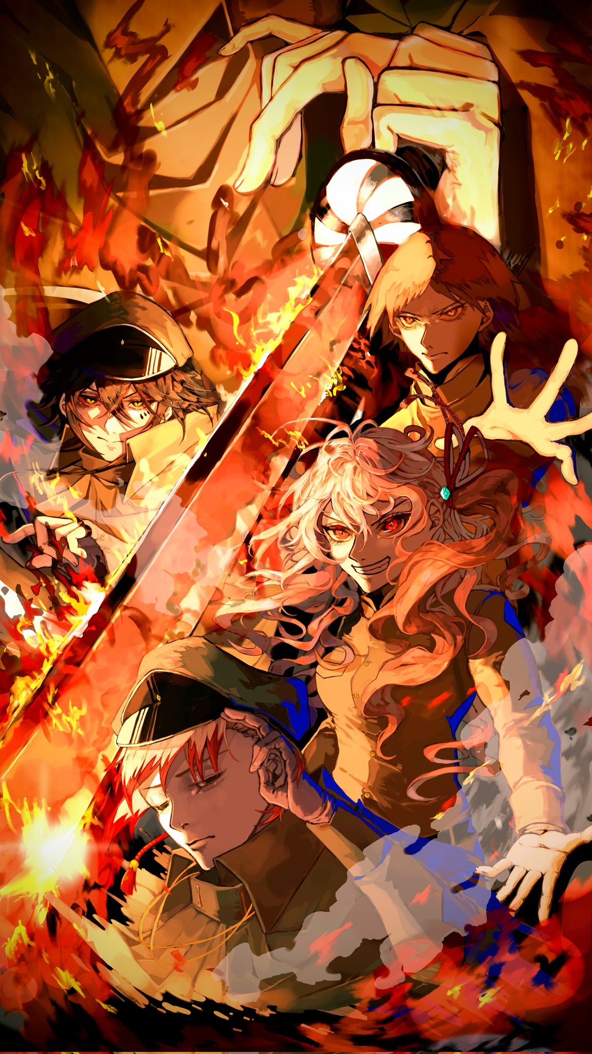 Dynamic anime-style wallpaper featuring Tachihara Michizō from Bungou Stray Dogs, amidst fiery backdrop with a sword