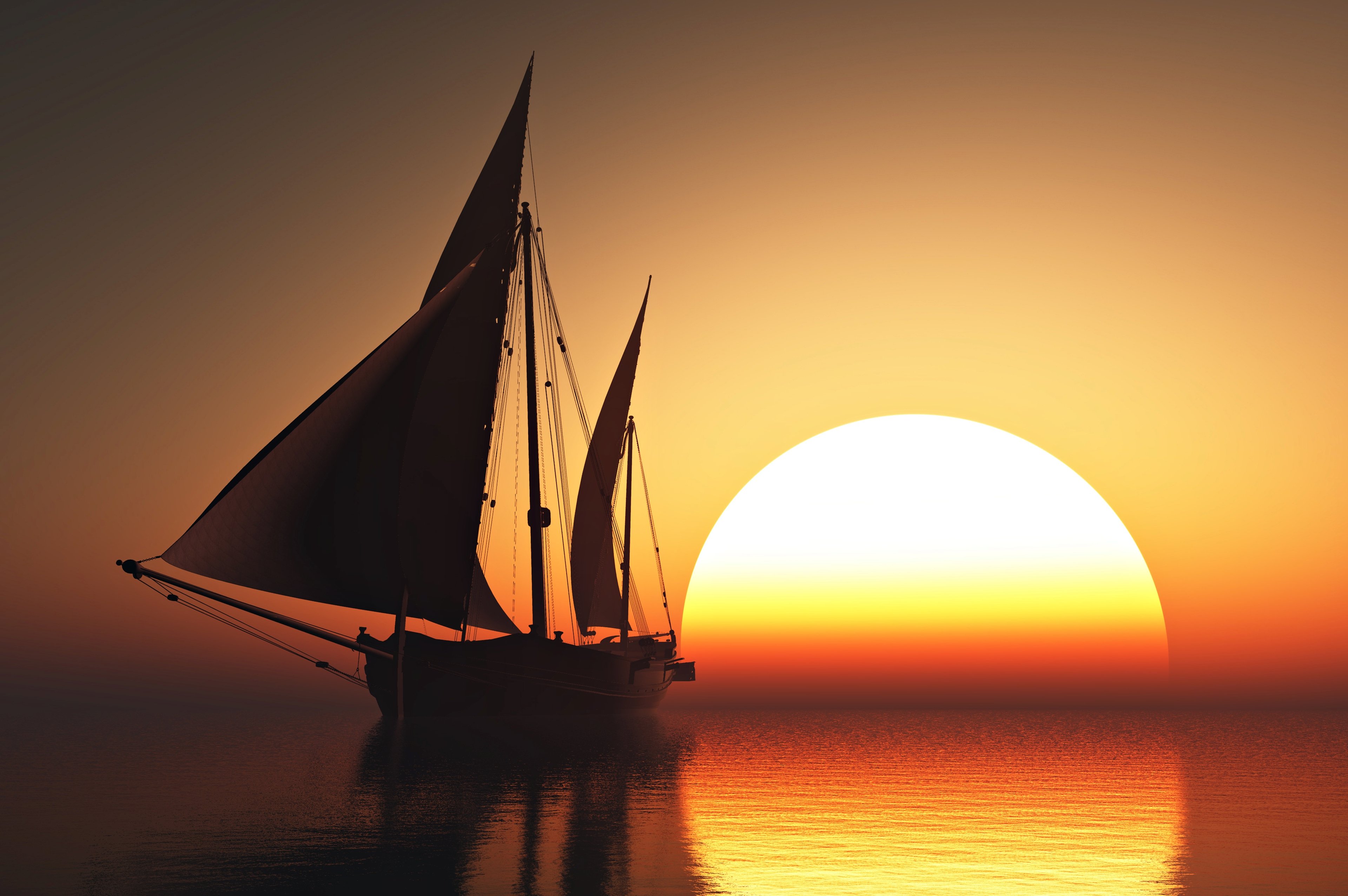 Sea Sunset Boat Sailing Sun Sky Orange Beauty Romantic Emotions Quiet Calm Yacht Wallpaper