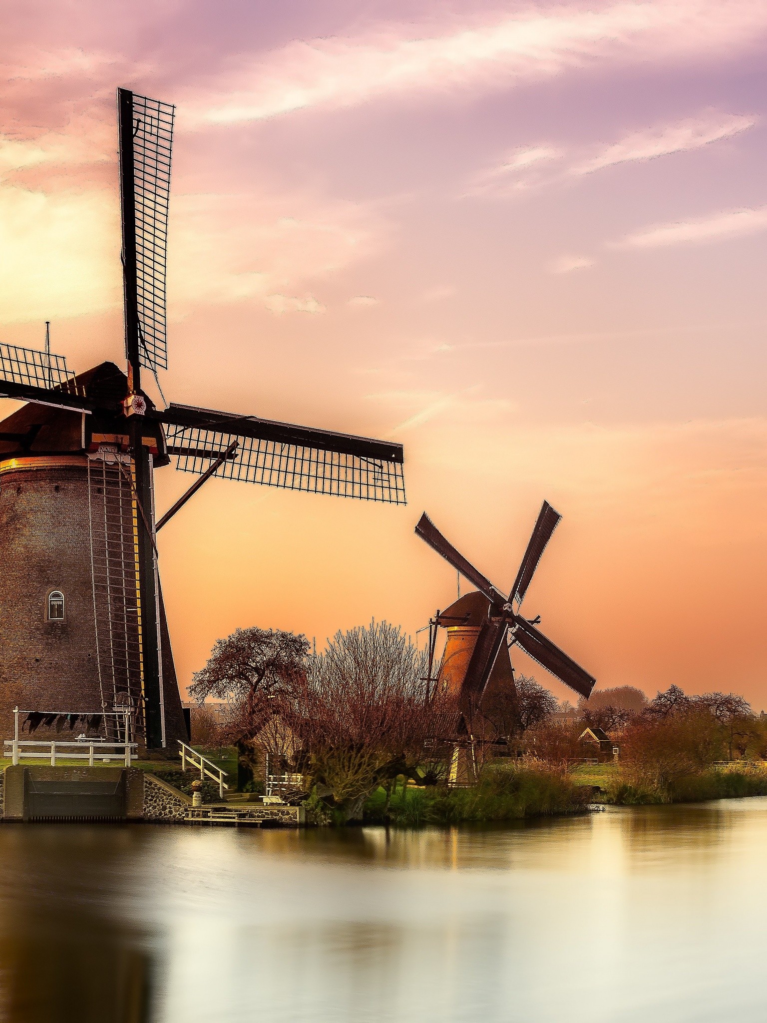 Sunset River Holland Windmill Wallpaper