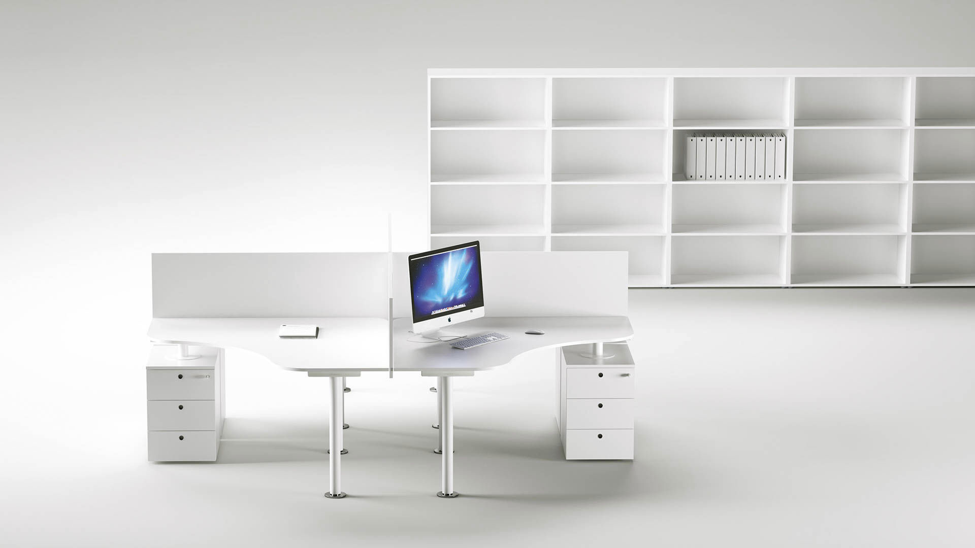 A minimalist white office setup with a shared desk, dividers, and a shelving unit in the background