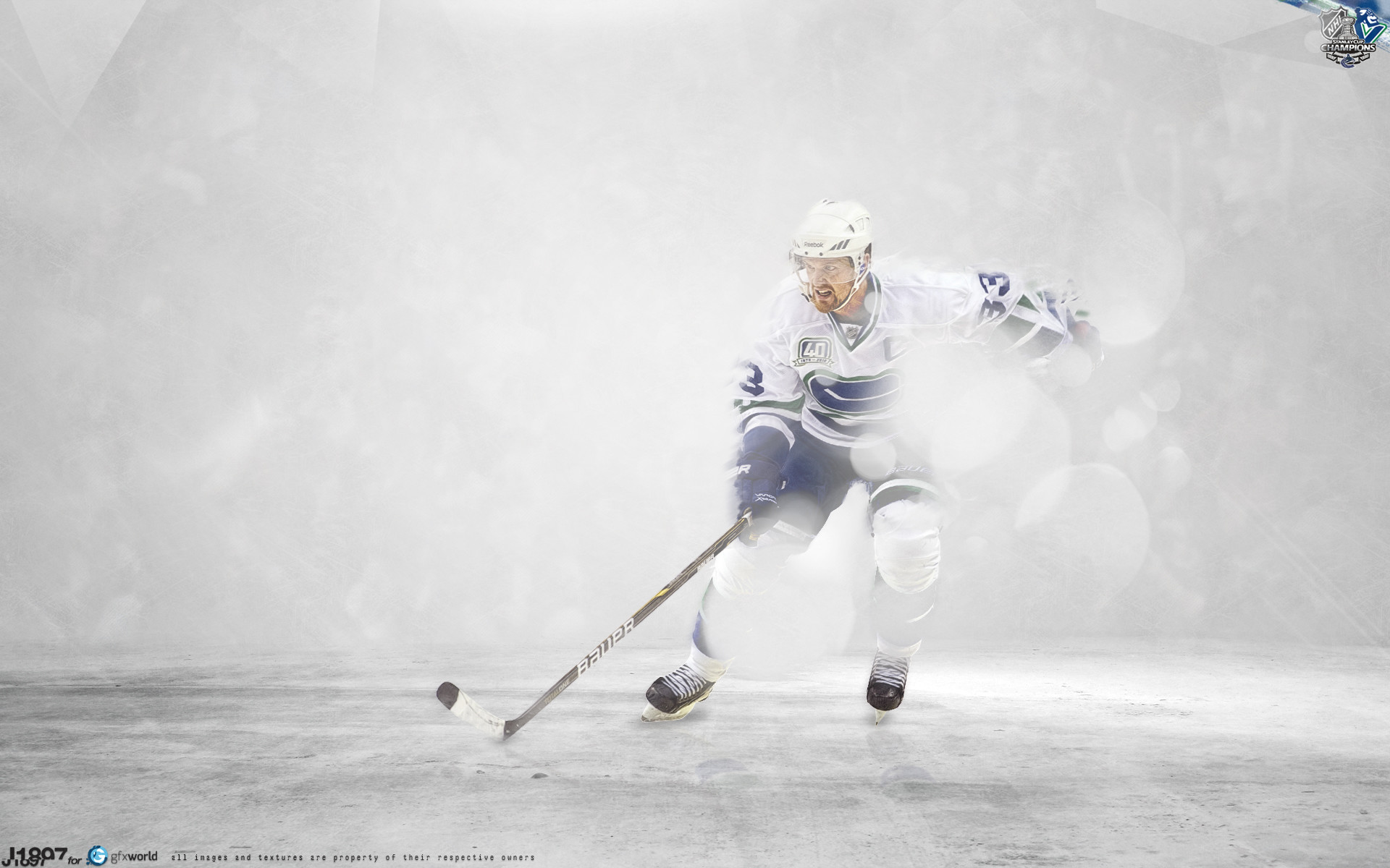 A hockey player in a white and blue jersey skates on the ice, stickhandling the puck
