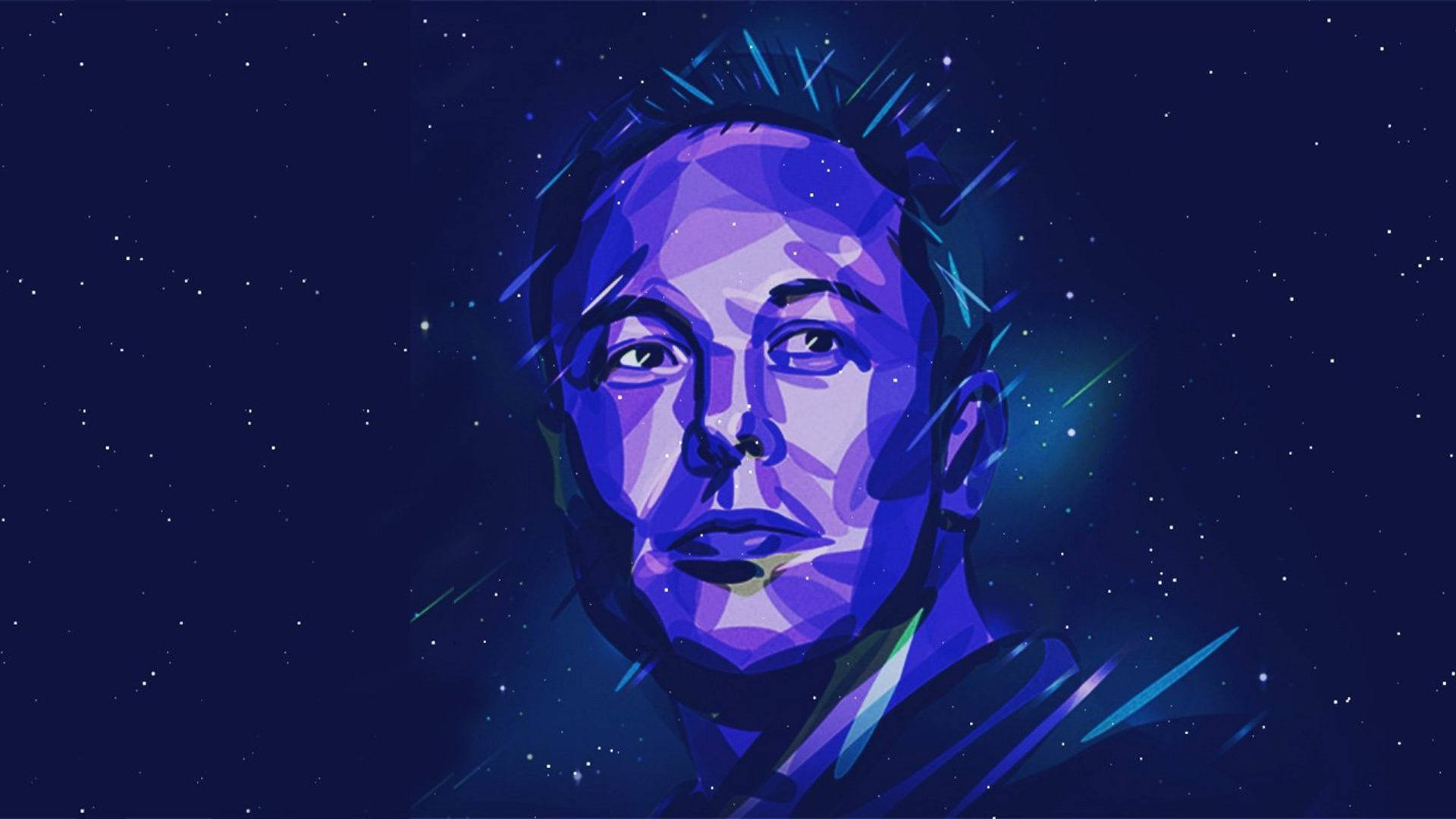 Stylized portrait of Elon Musk against a backdrop of stars and streaks of light, evoking his vision of space exploration and technological advancement