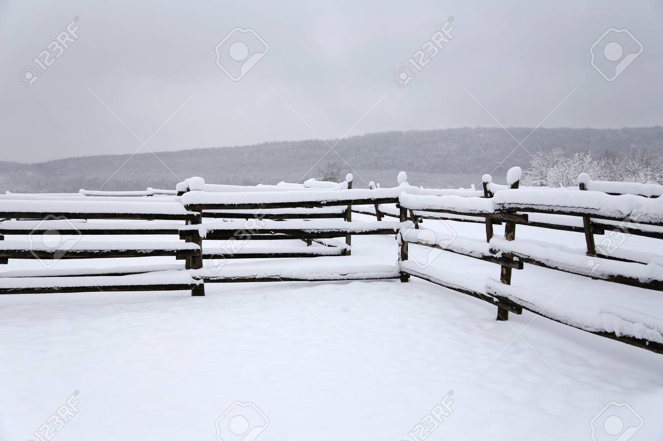 Photo Of A Fafulous Snowy Corral As Winter Background Stock