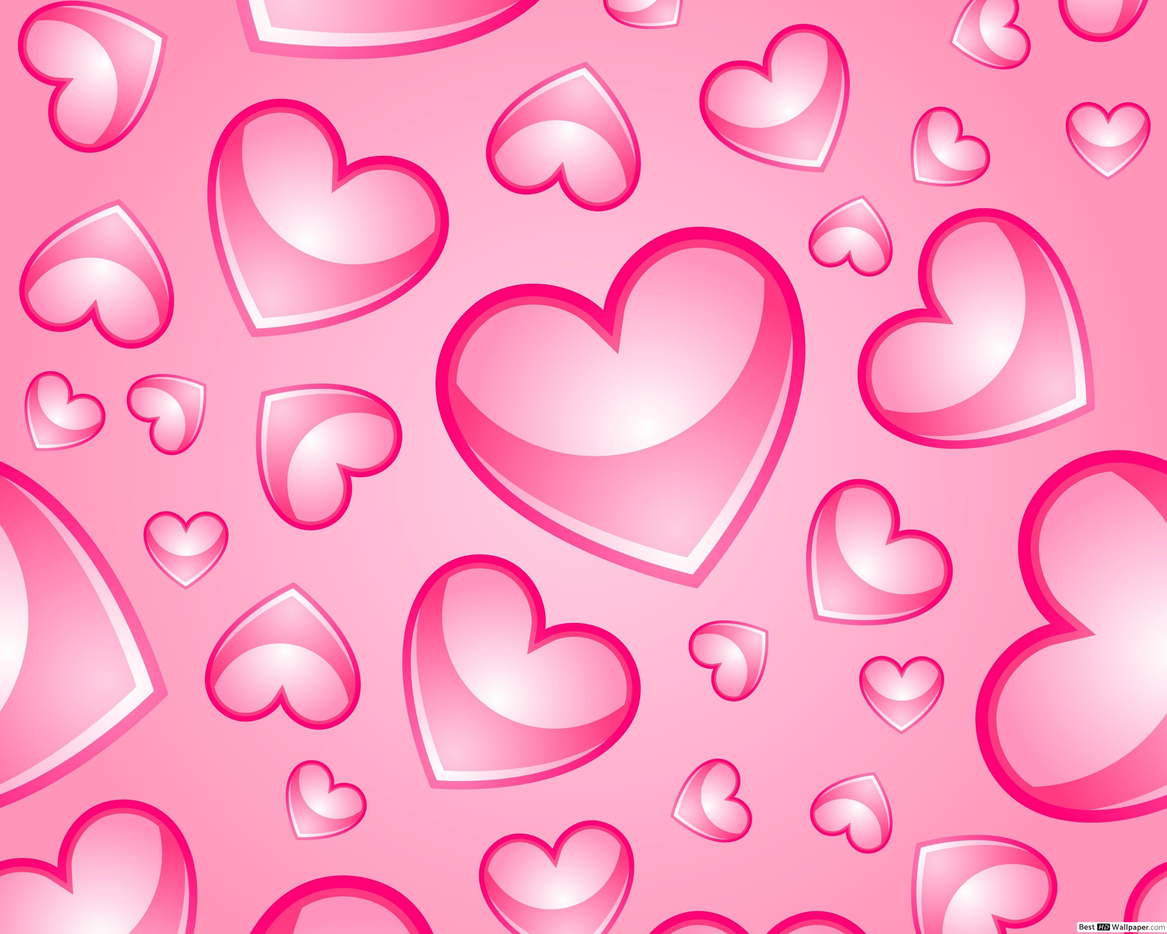 Pink Heart Background: A repeating pattern of shiny, light pink hearts on a darker pink background, creating a romantic and cheerful atmosphere