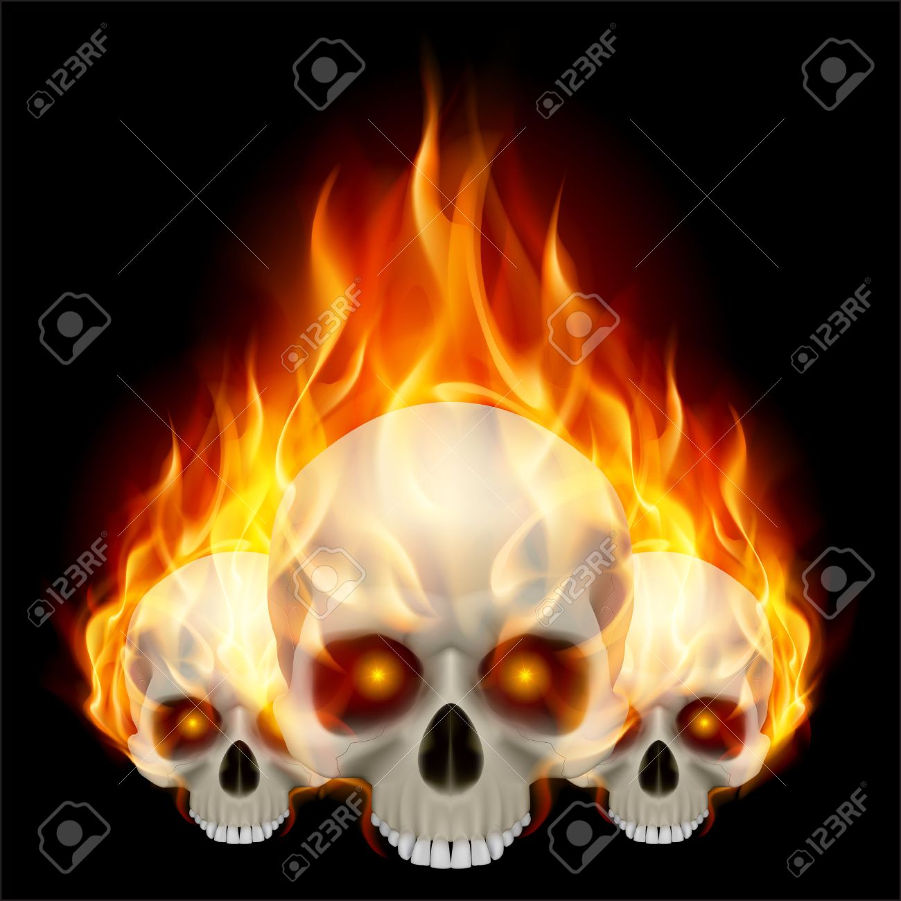 Three Flaming Skulls With Fiery Eyes On Black Background Royalty
