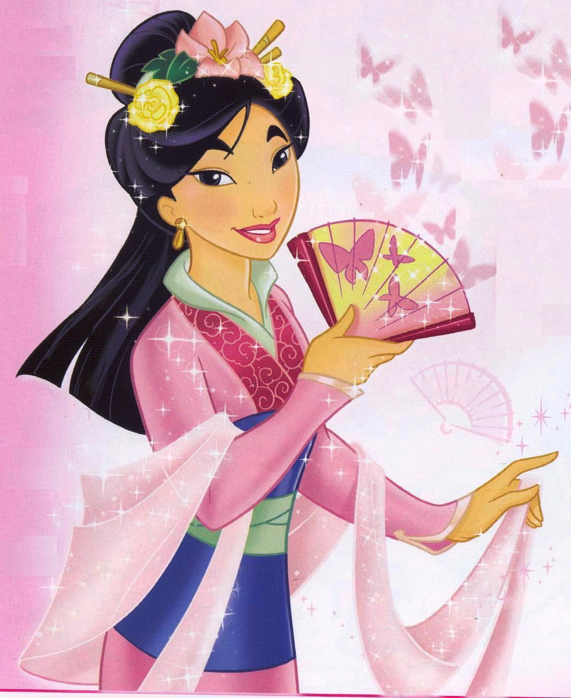 Princess Mulan from Disney's Mulan holding a fan with butterflies surrounding her