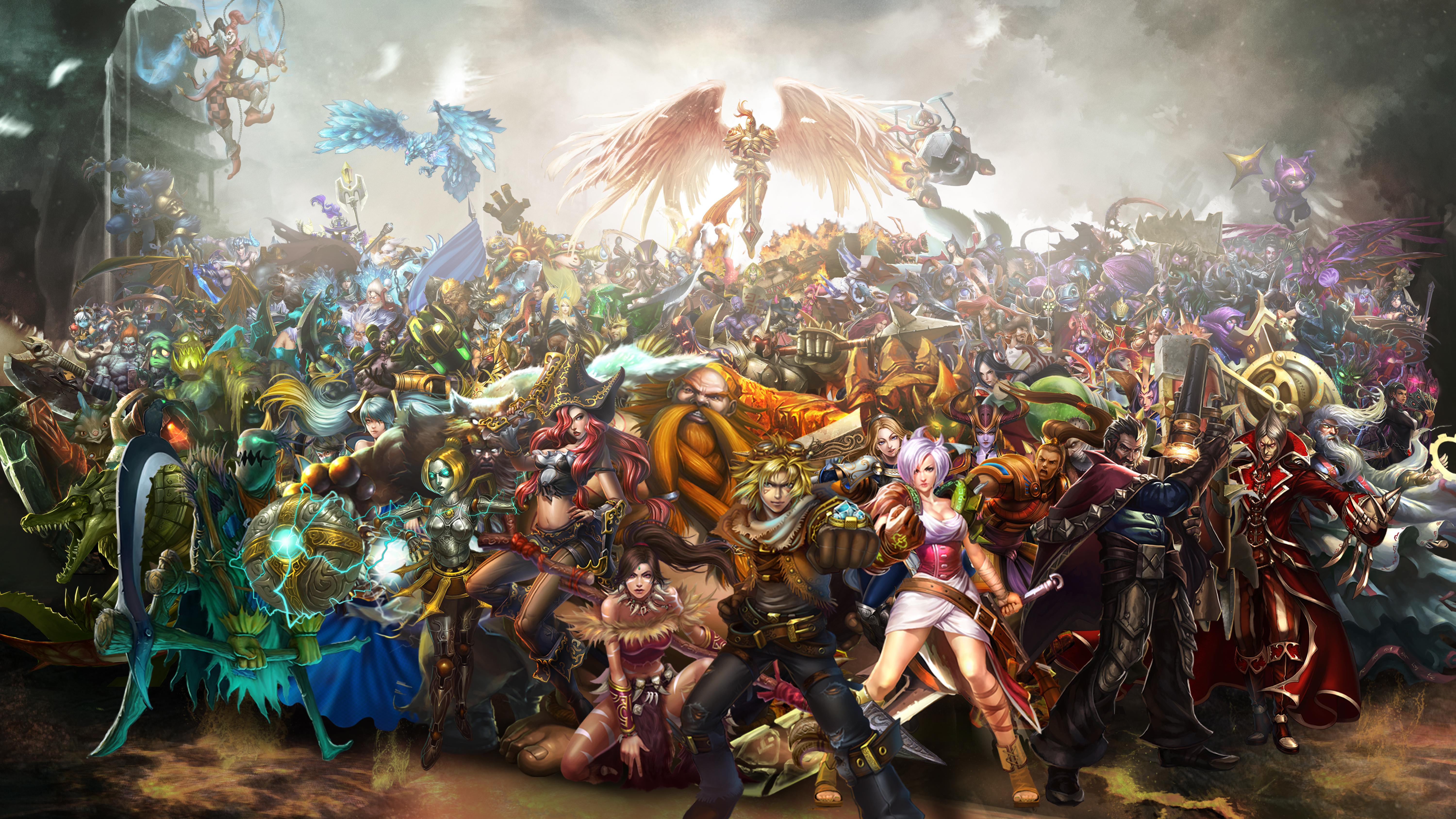 A stunning panoramic wallpaper featuring a vast ensemble of League of Legends champions, united against a backdrop of epic proportions. This high-definition image showcases the diverse roster of characters, from mages and warriors to assassins and supports, creating a breathtaking visual spectacle for any League of Legends enthusiast
