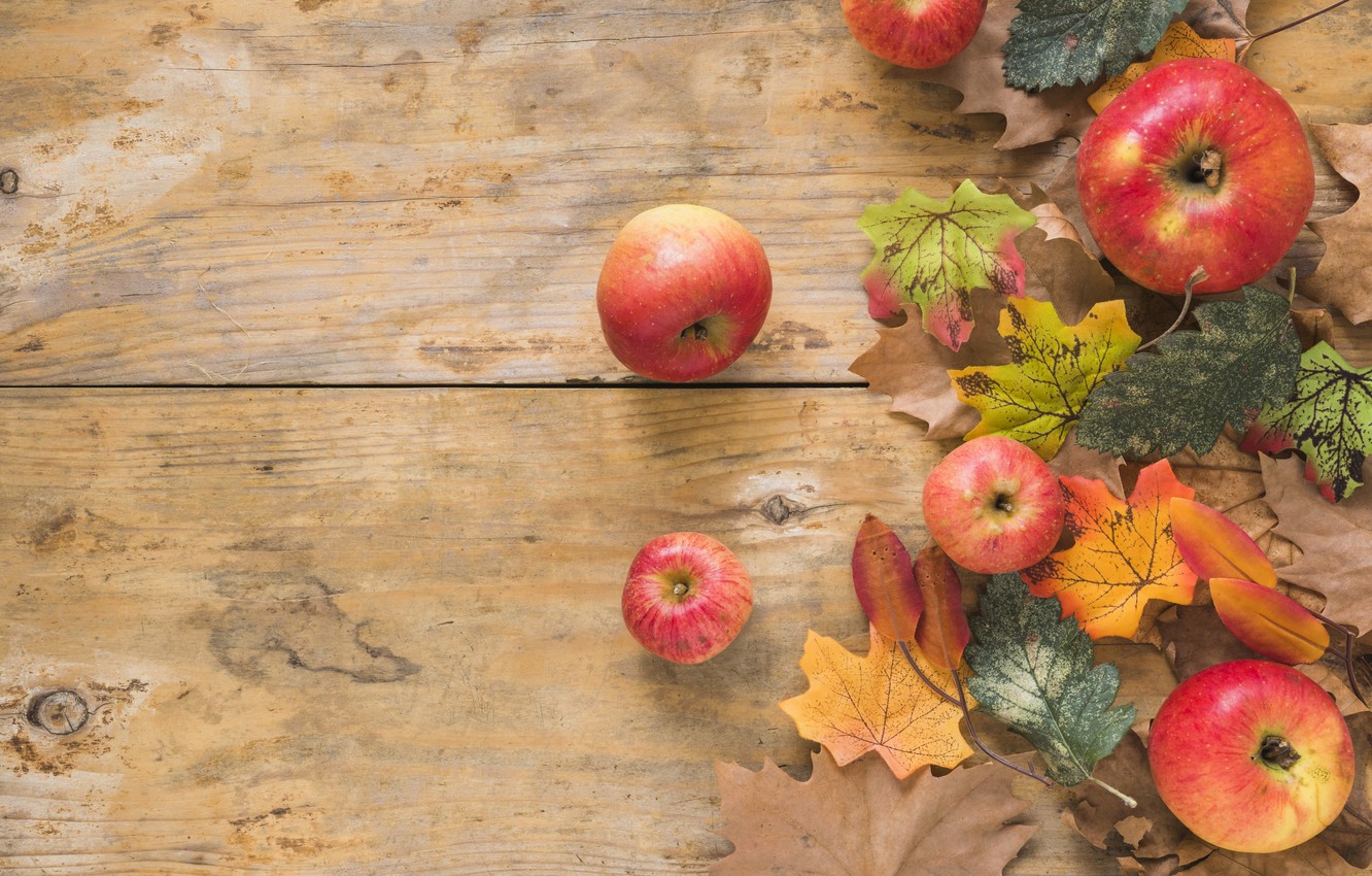 Wallpaper Autumn Leaves Background Apples Board Colorful