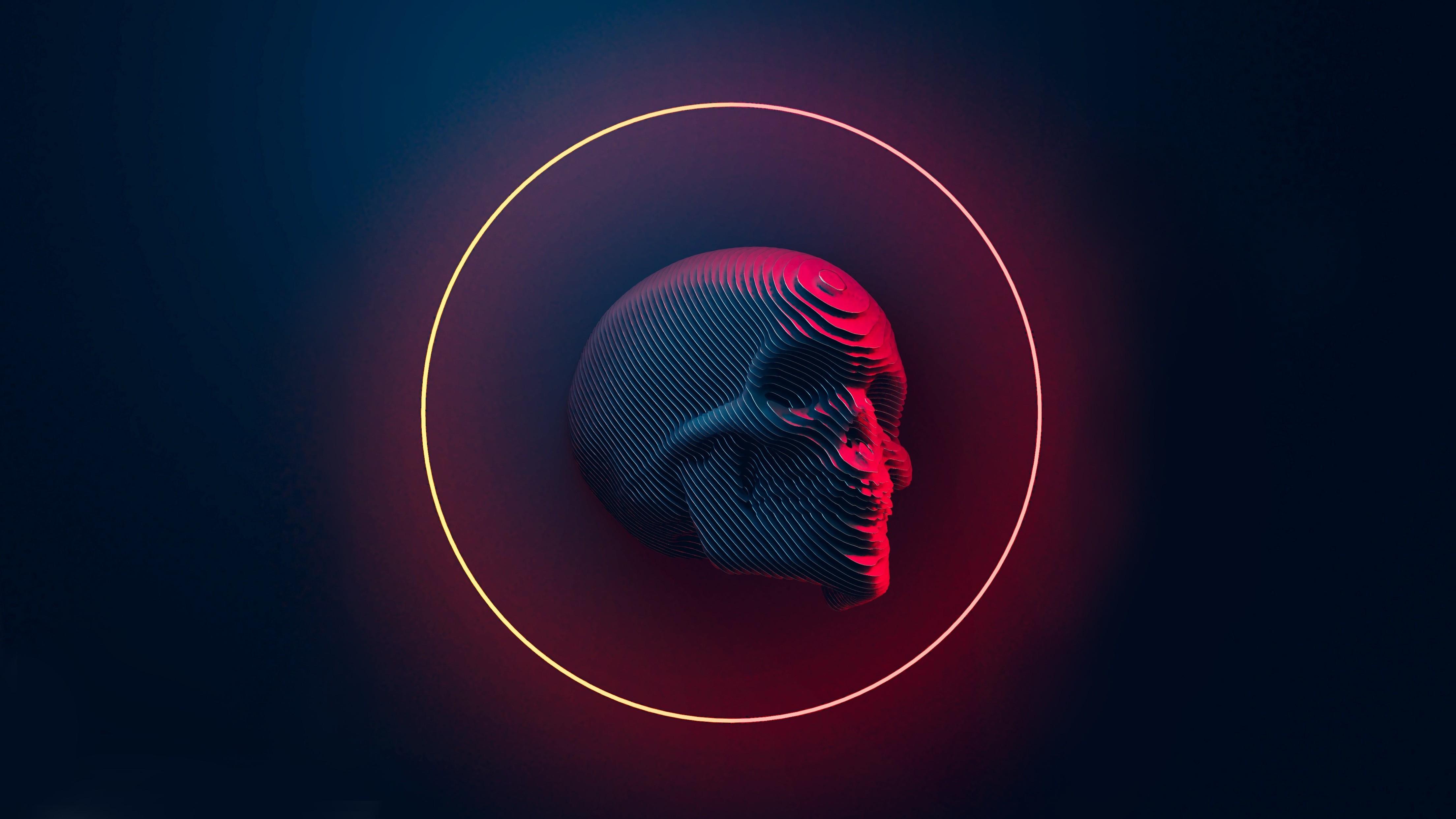 A 4K digital art wallpaper featuring a dark, textured skull inside a glowing neon circle against a deep blue backdrop