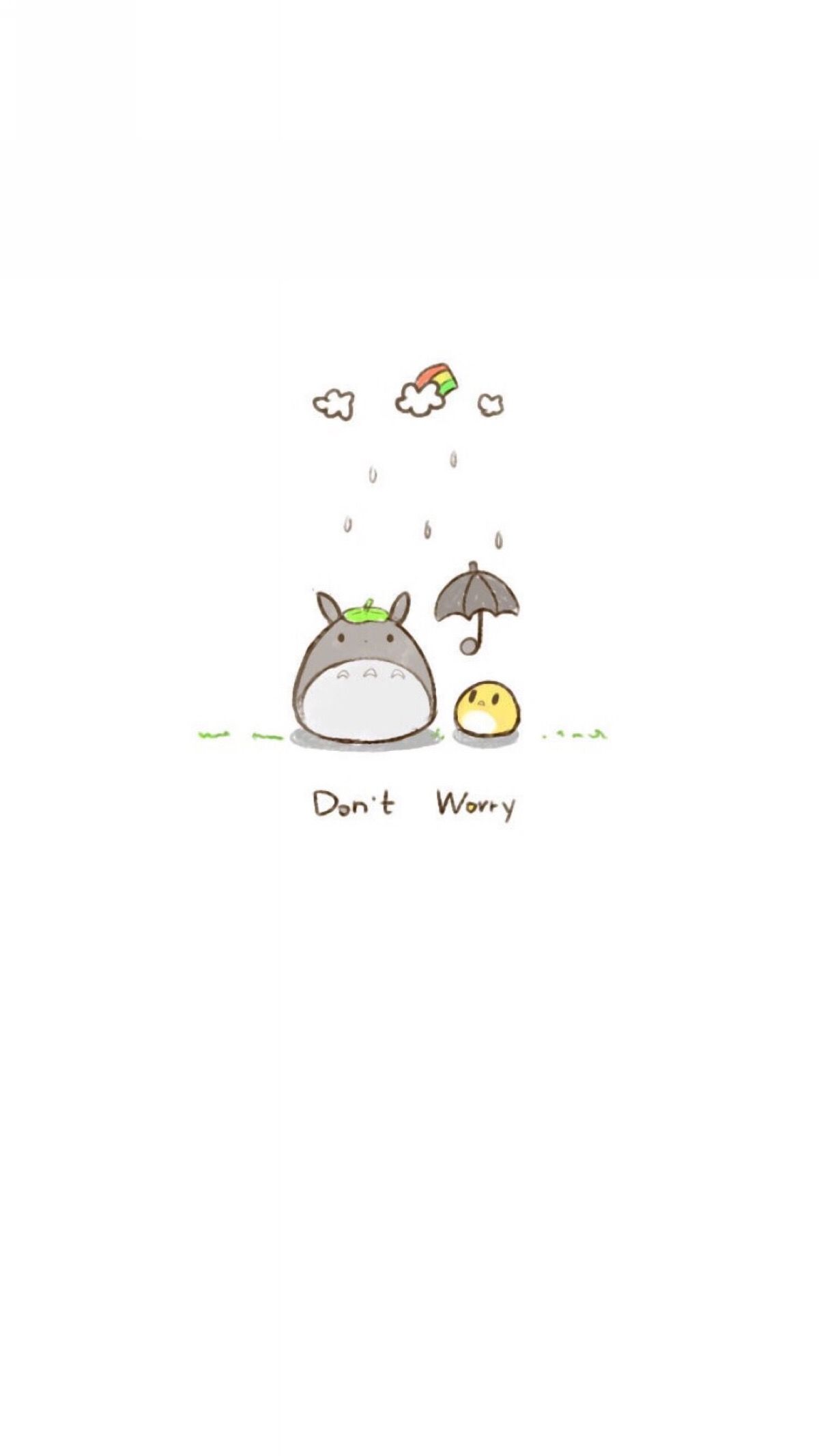 Cute cartoon characters under the rain with a rainbow in a minimalist style. Perfect for a simple phone background